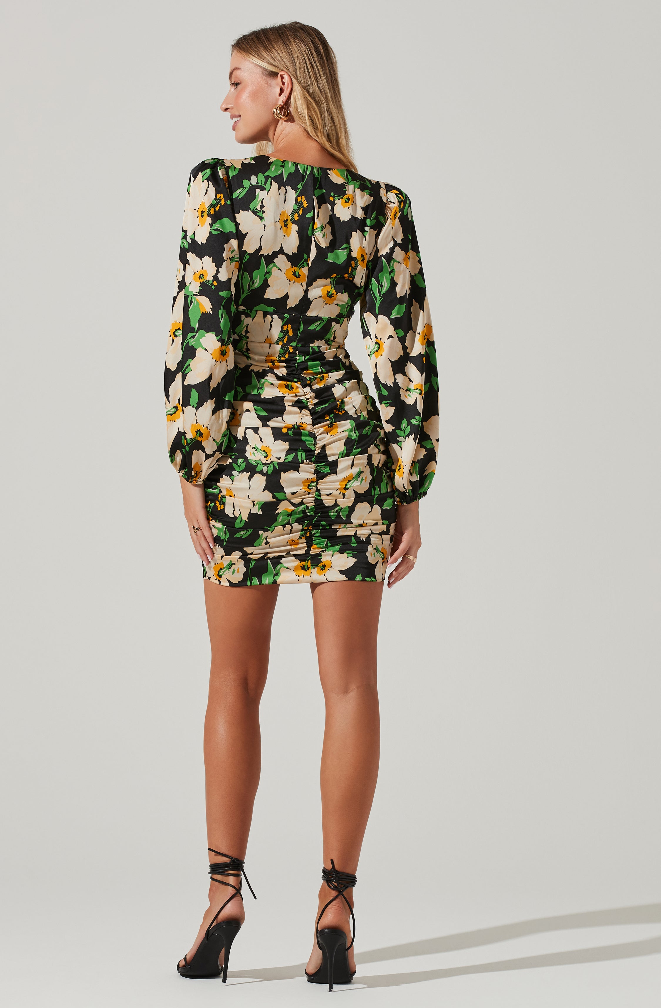 Floral Ruched V-Neck Mini Dress-Aljck