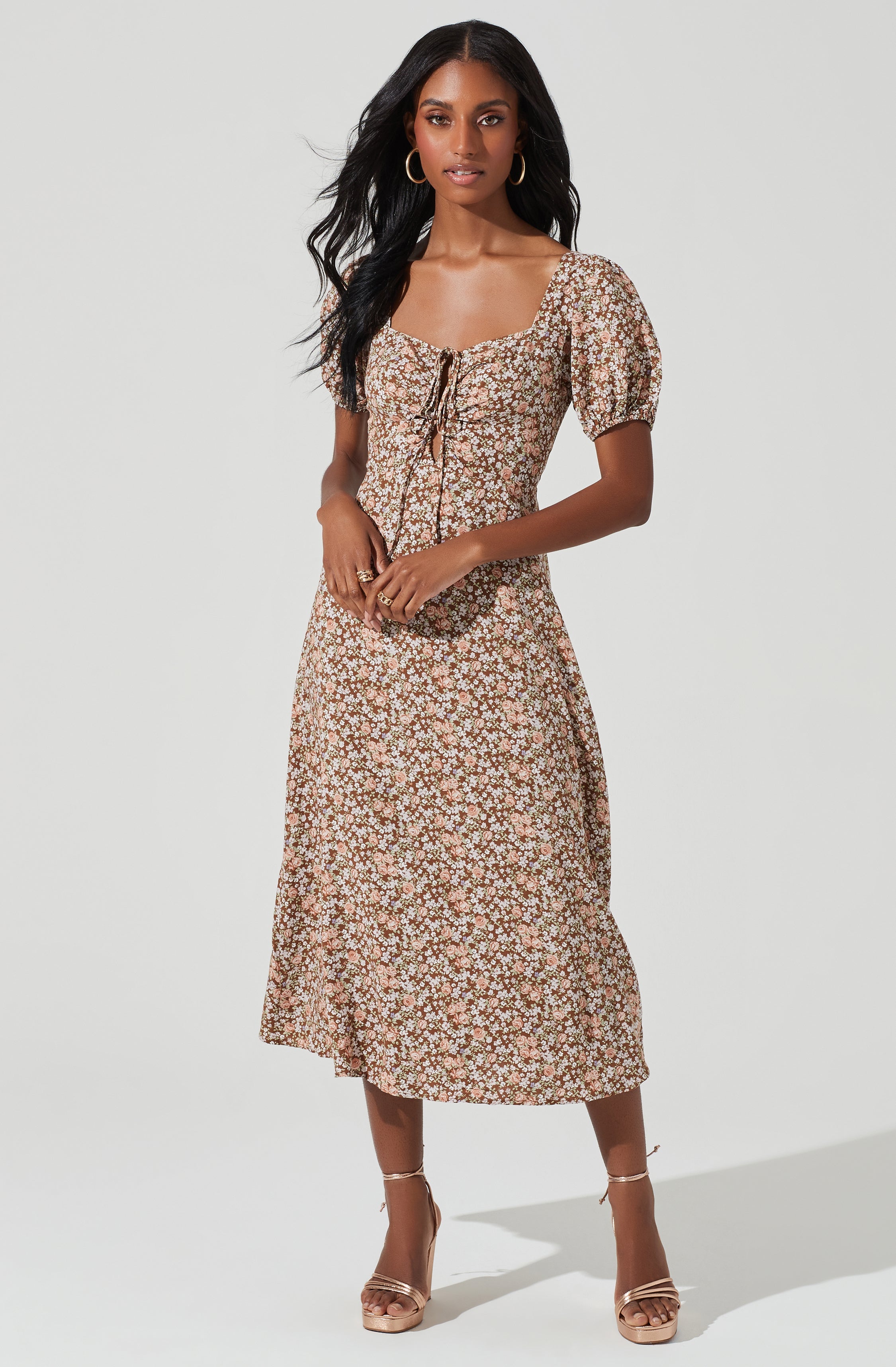Lace Up Puff Sleeve Floral Midi Dress-Aljck