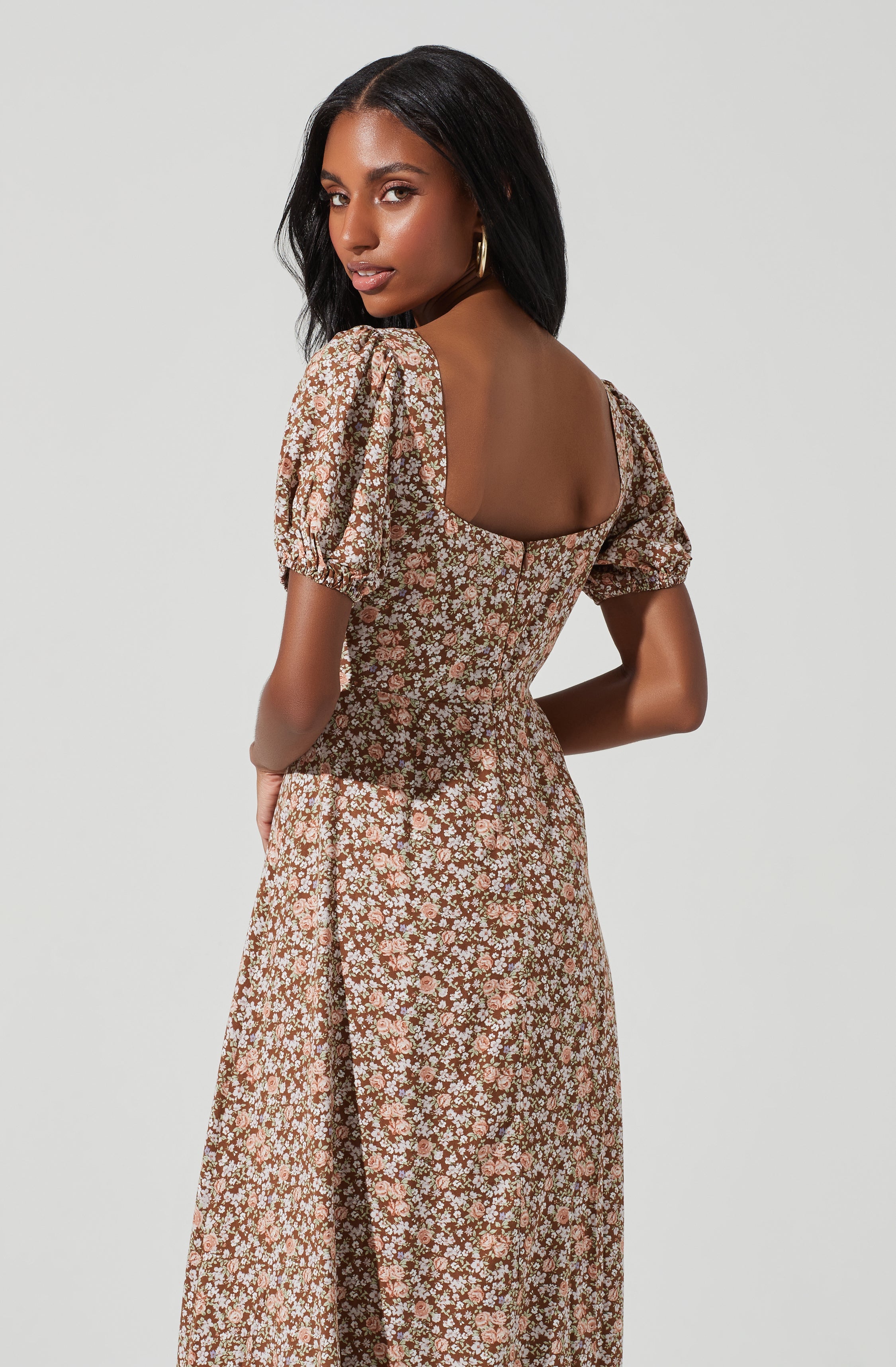 Lace Up Puff Sleeve Floral Midi Dress-Aljck