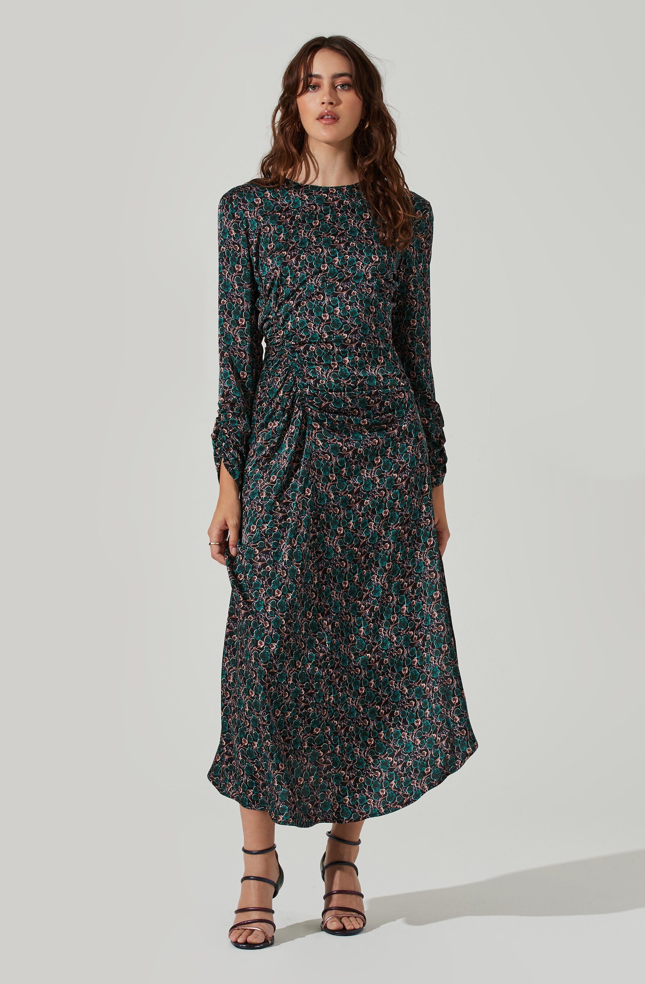 Floral Ruched Long Sleeve Midi Dress-Aljck