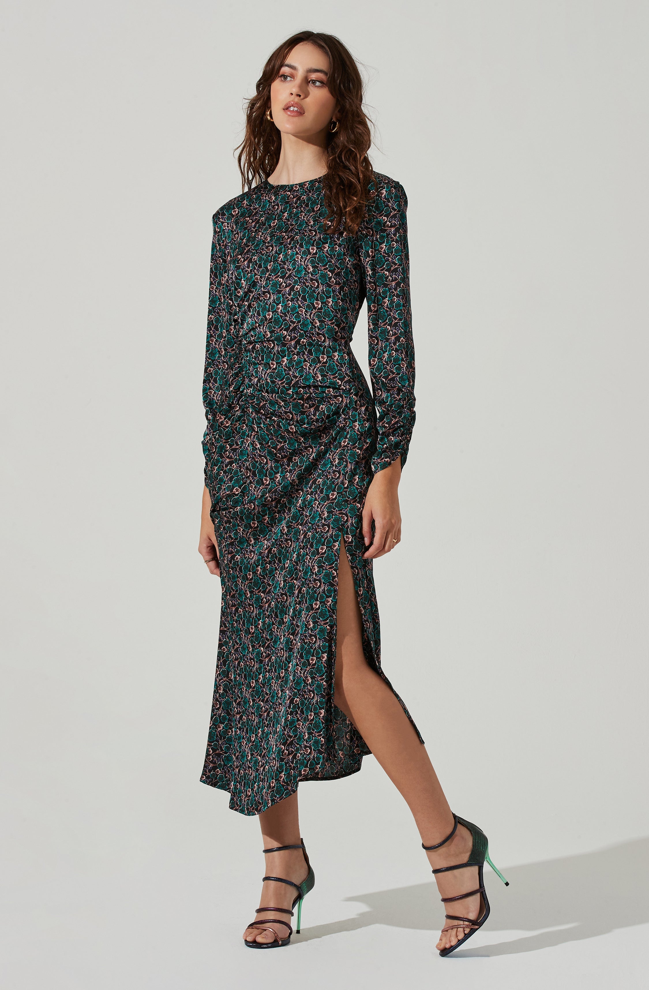 Floral Ruched Long Sleeve Midi Dress-Aljck