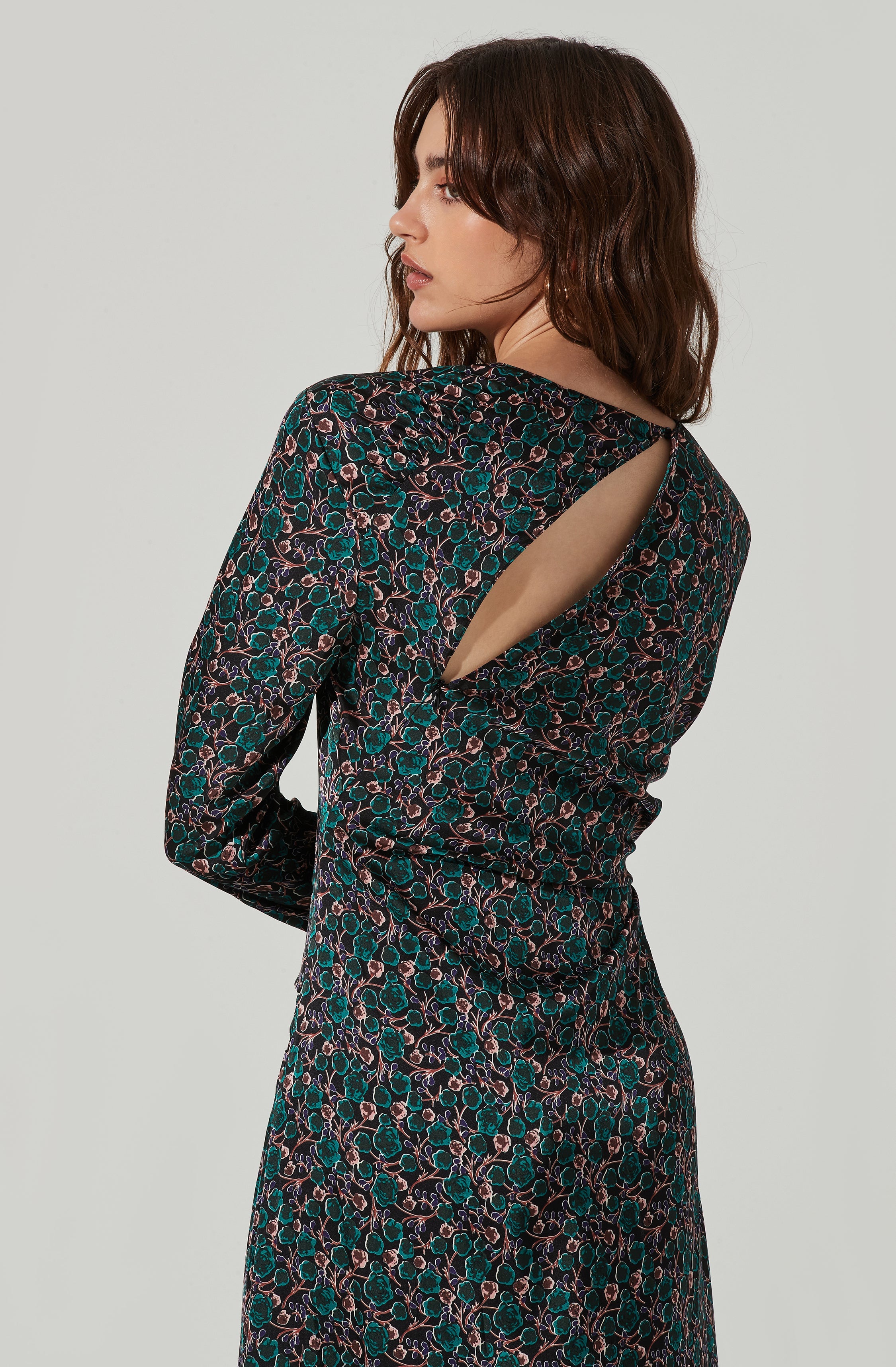 Floral Ruched Long Sleeve Midi Dress-Aljck