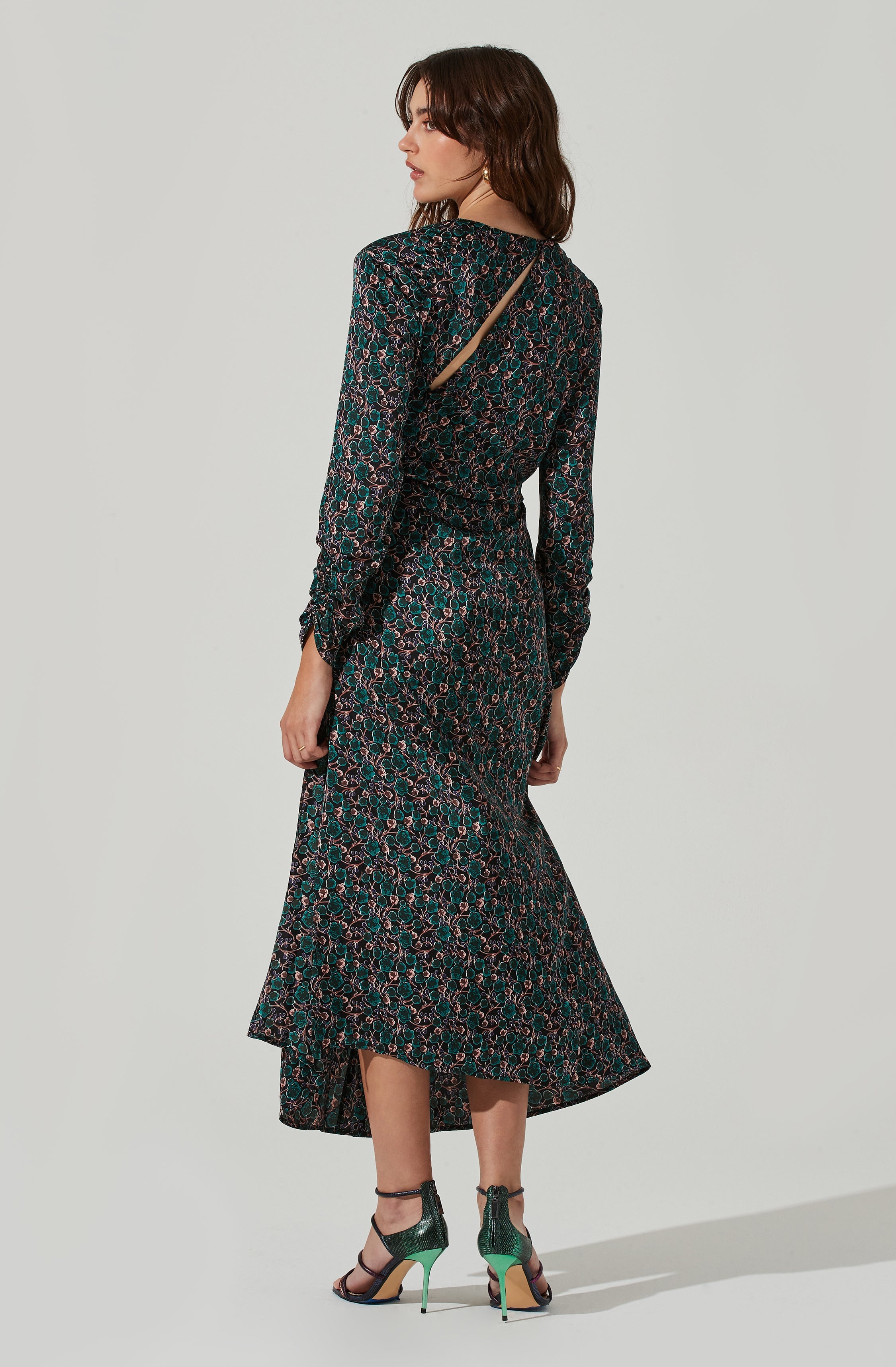 Floral Ruched Long Sleeve Midi Dress-Aljck
