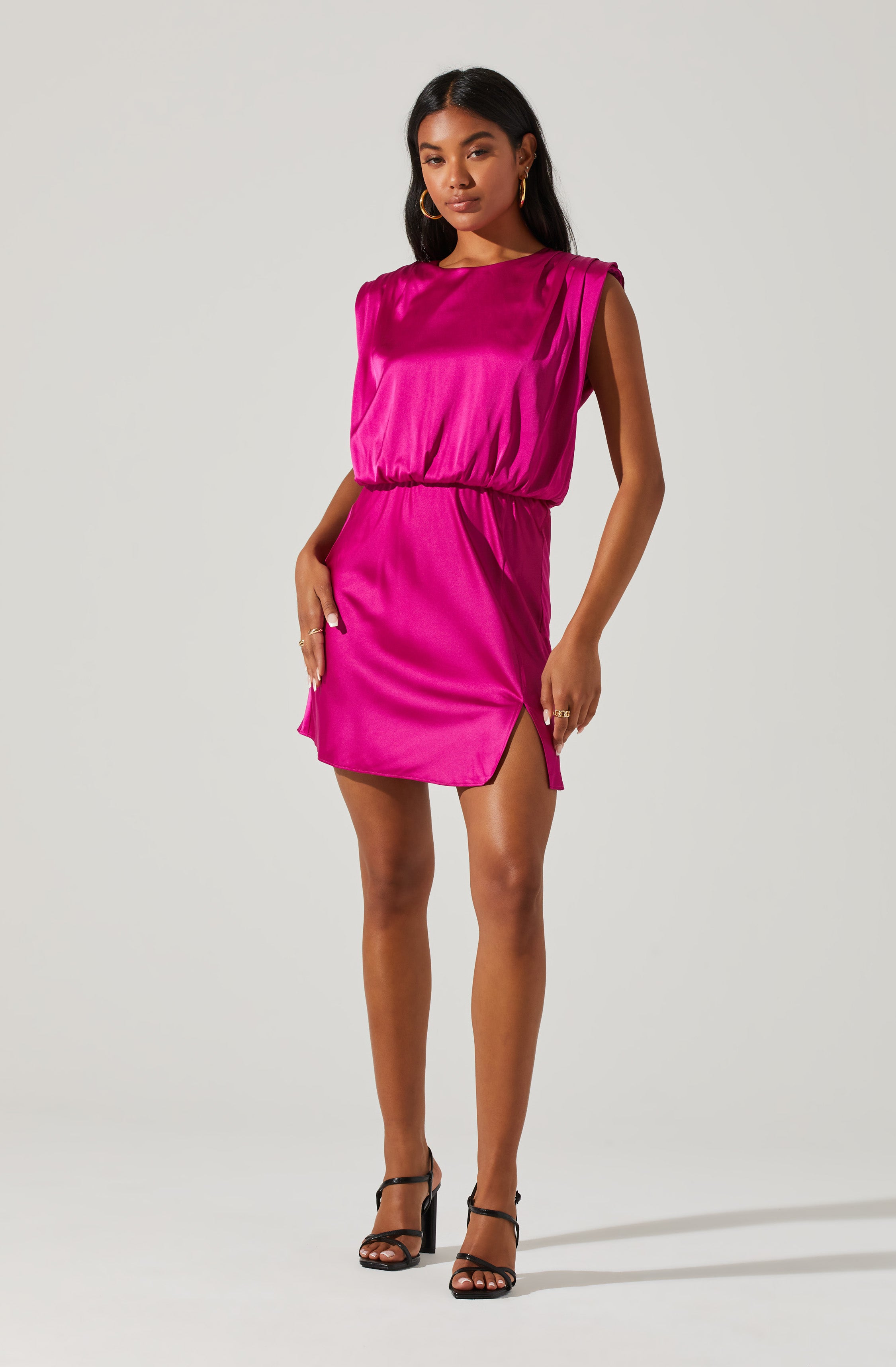 Satin Strong Shoulder Mini Dress-Aljck