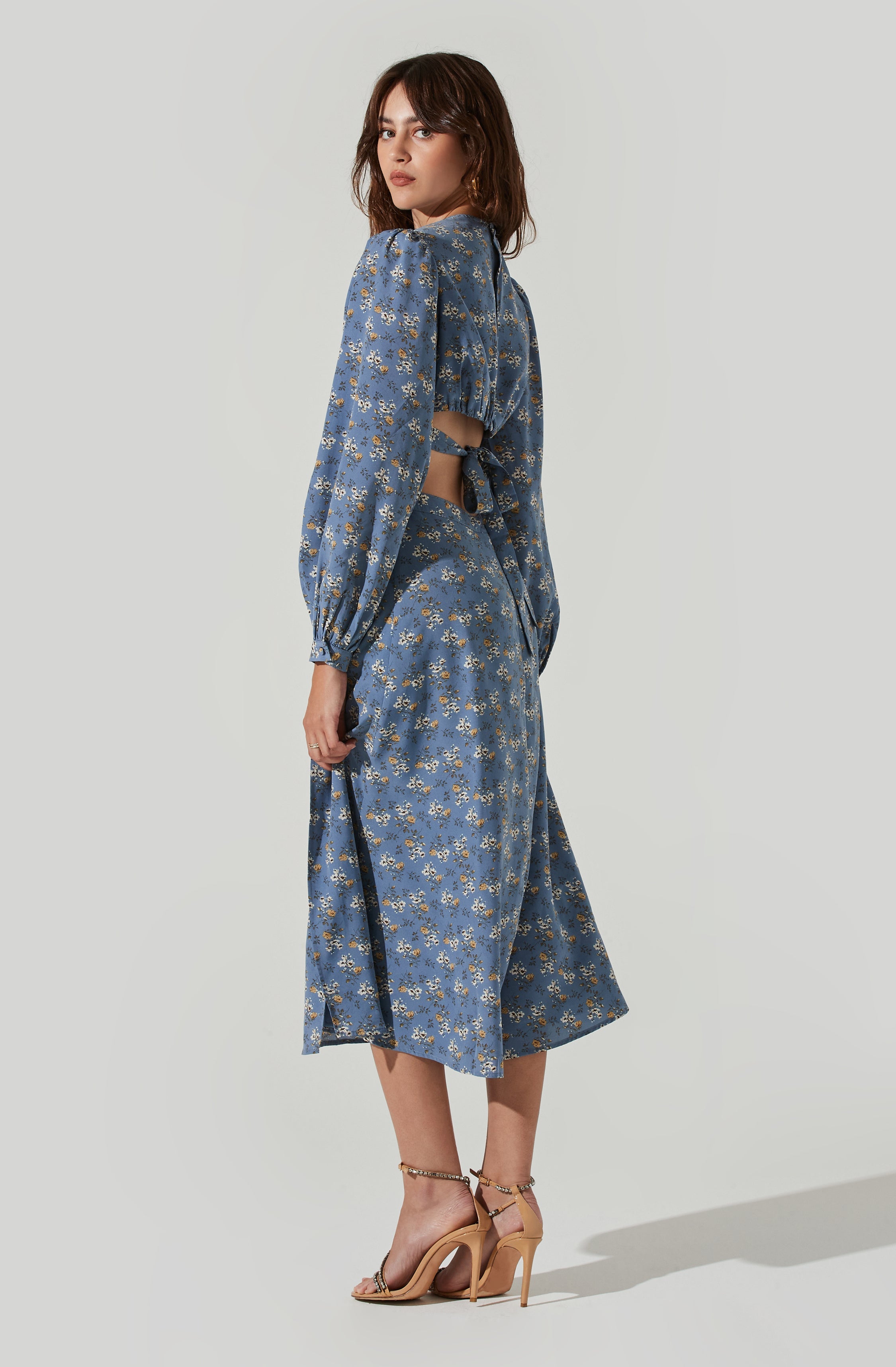 Floral Tie Back Cut Out Midi Dress-Aljck