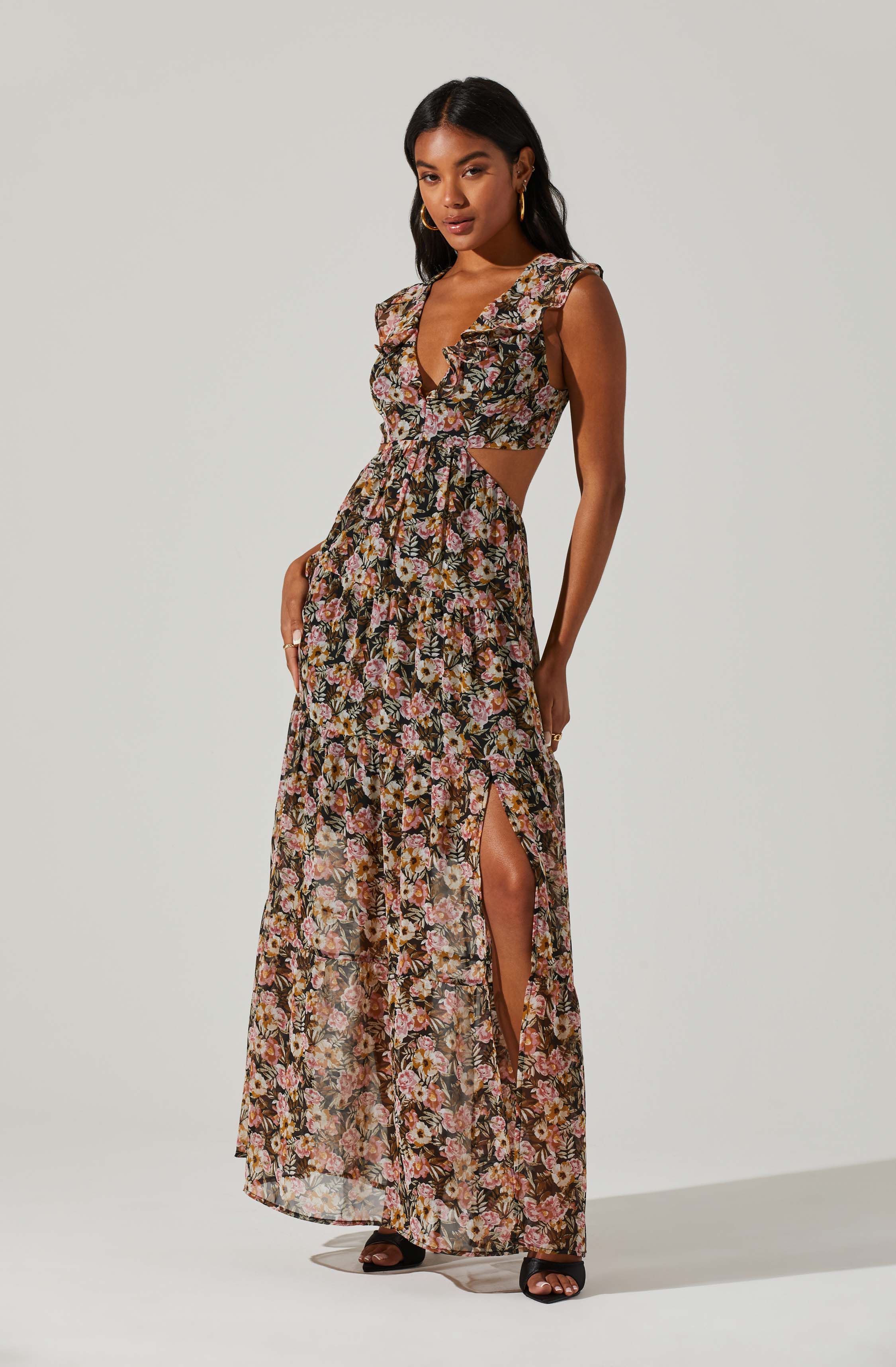 Floral Ruffle Cutout Maxi Dress-Aljck