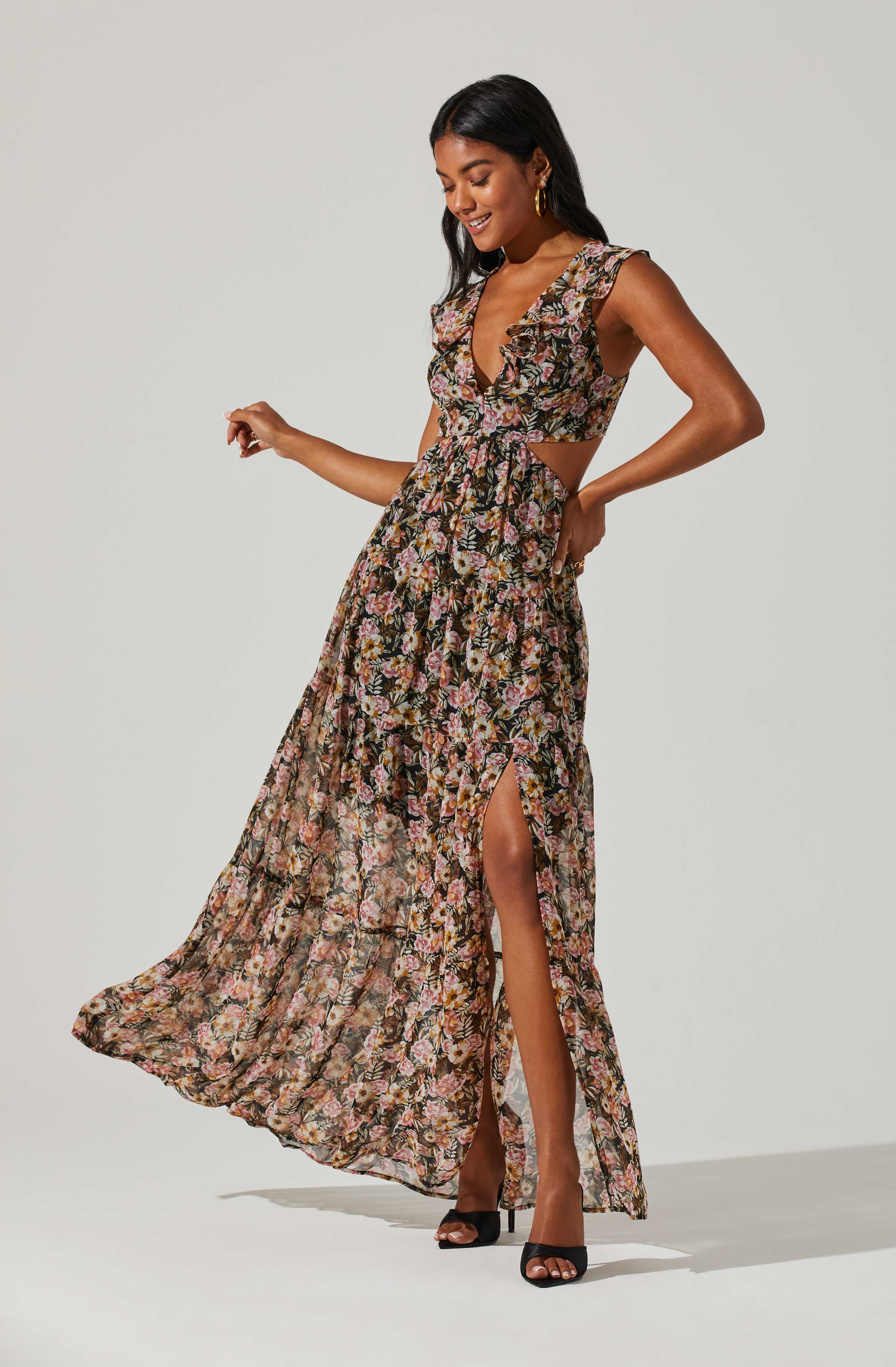 Floral Ruffle Cutout Maxi Dress-Aljck