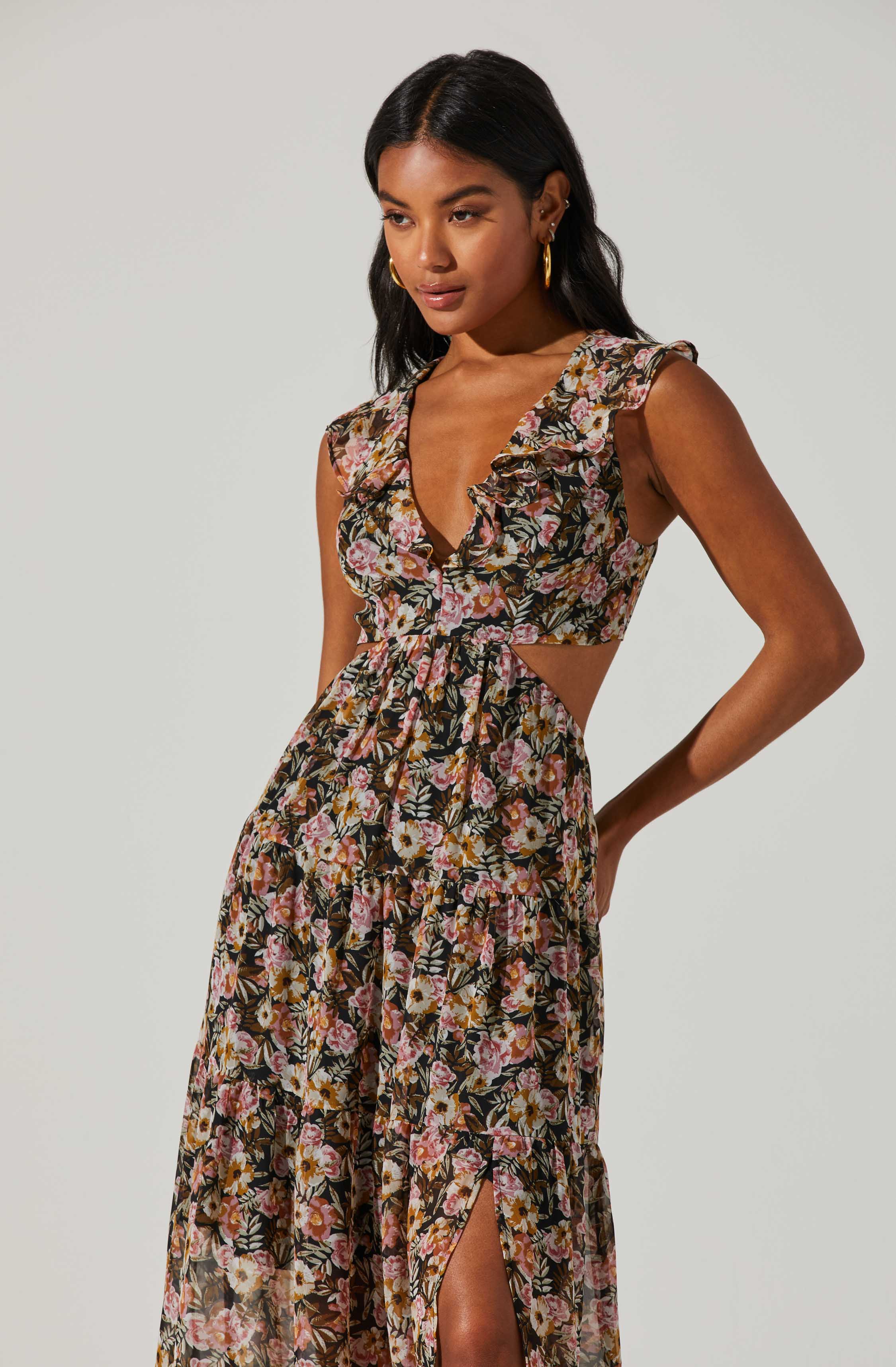 Floral Ruffle Cutout Maxi Dress-Aljck