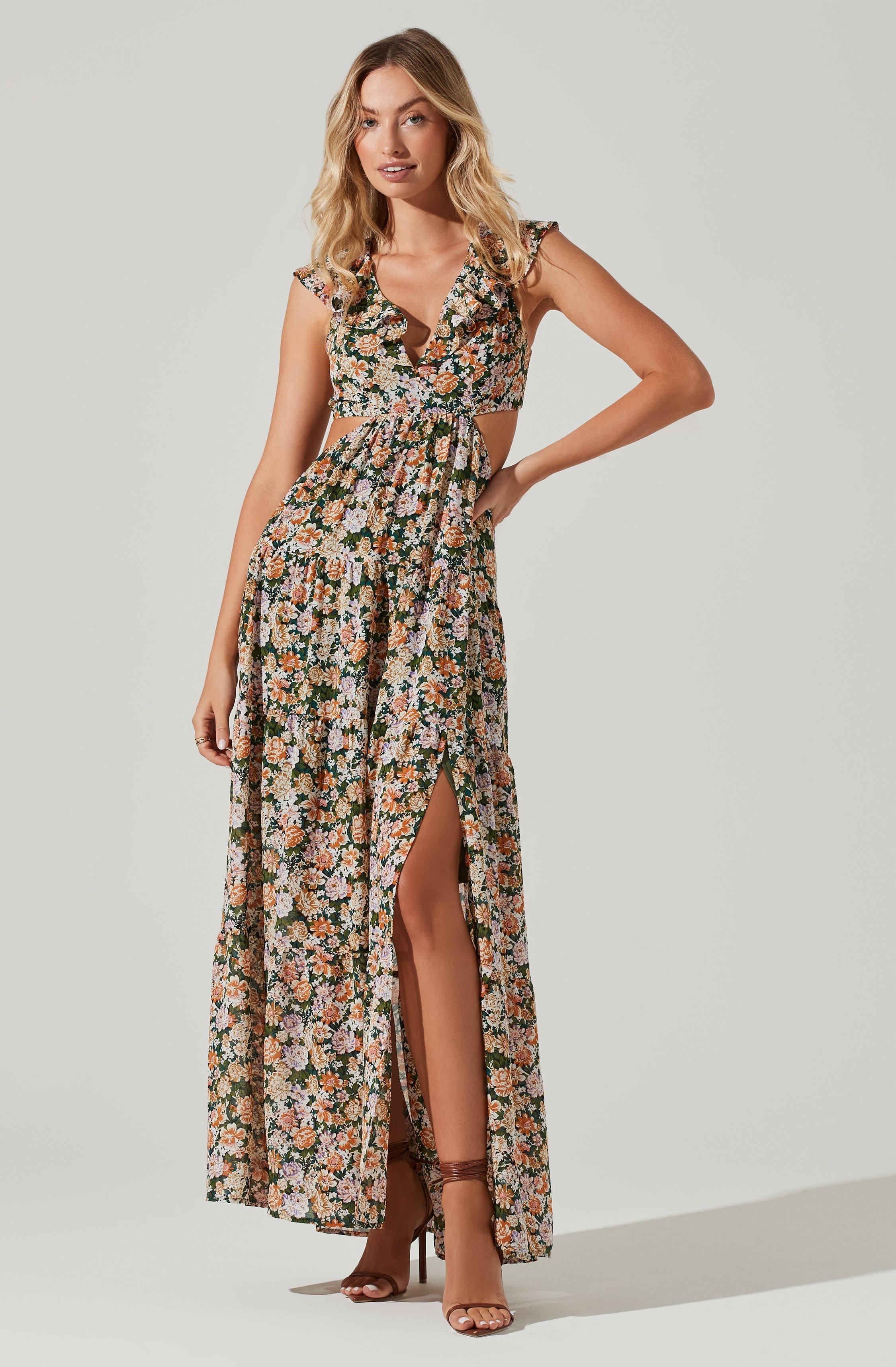 Floral Ruffle Cutout Maxi Dress-Aljck