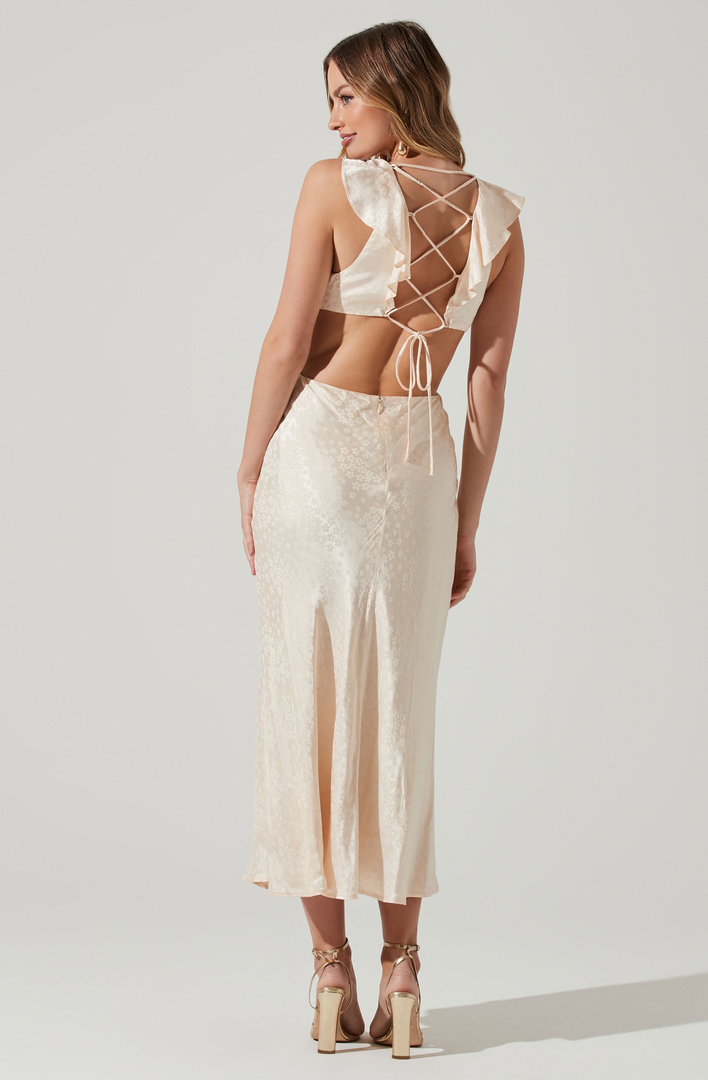 Nyla Satin Side Cutout Lace Up Midi Dress-Aljck