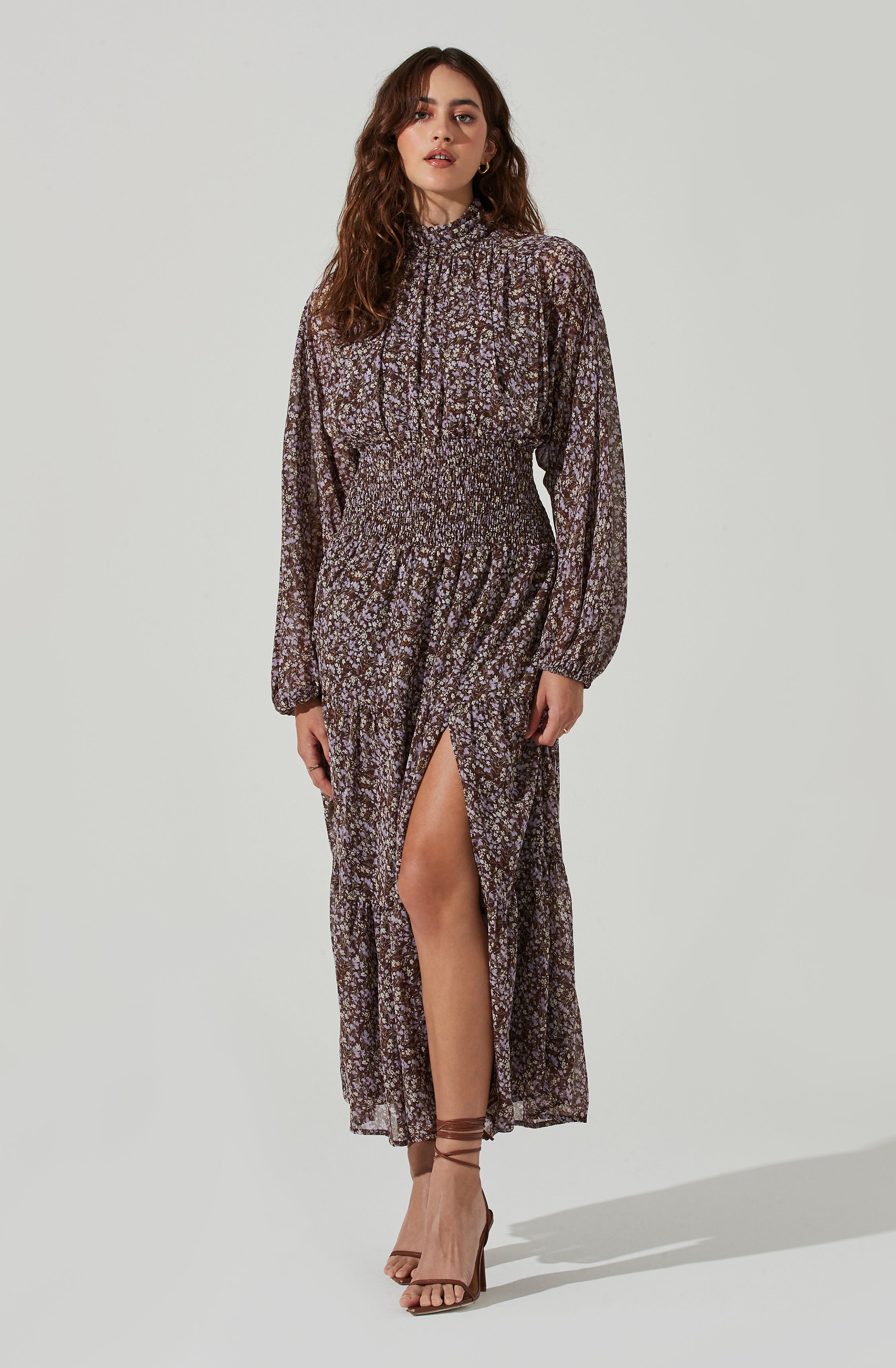 Floral Mock Neck Smocked Waist Maxi Dress-Aljck