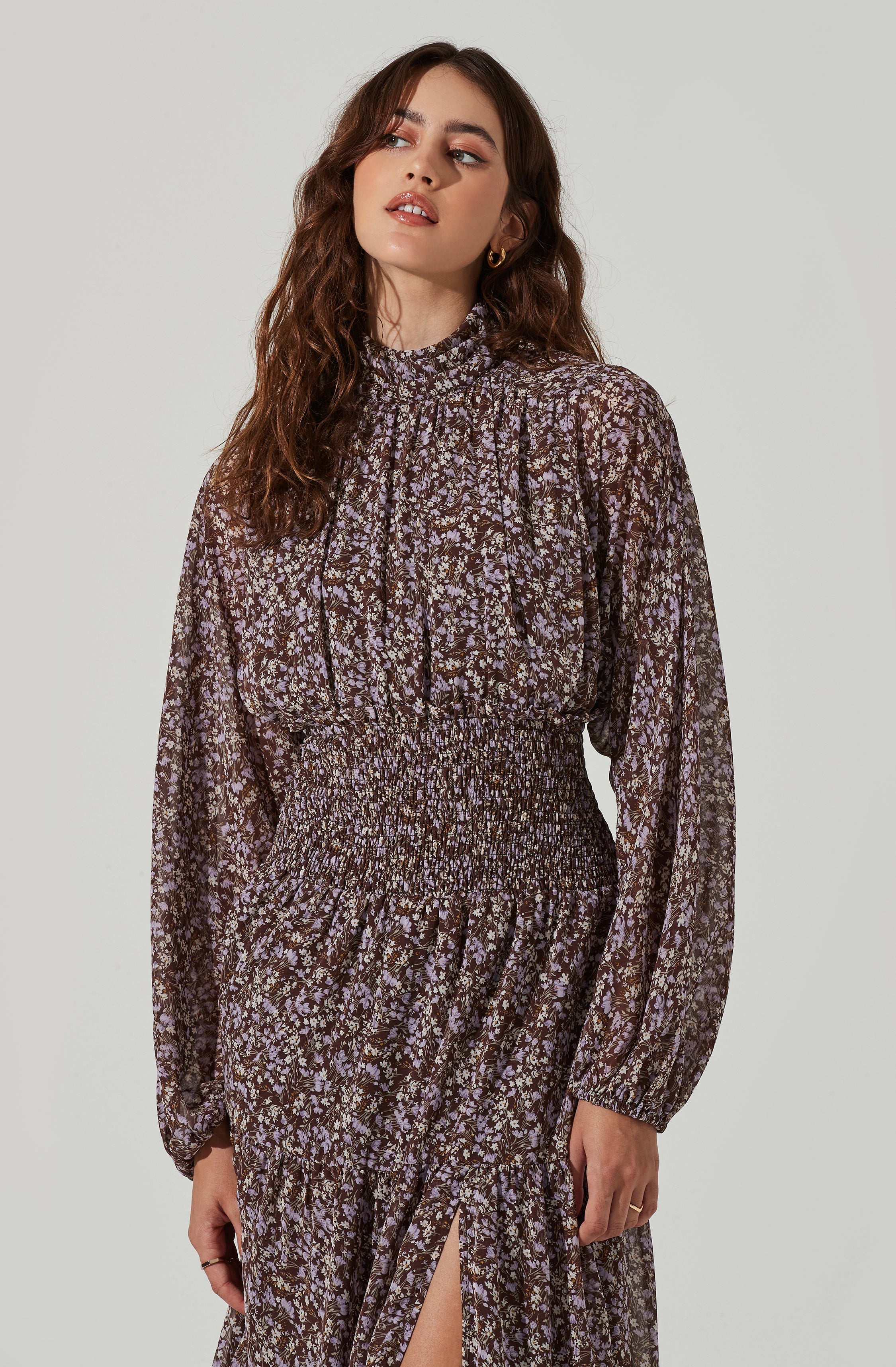 Floral Mock Neck Smocked Waist Maxi Dress-Aljck