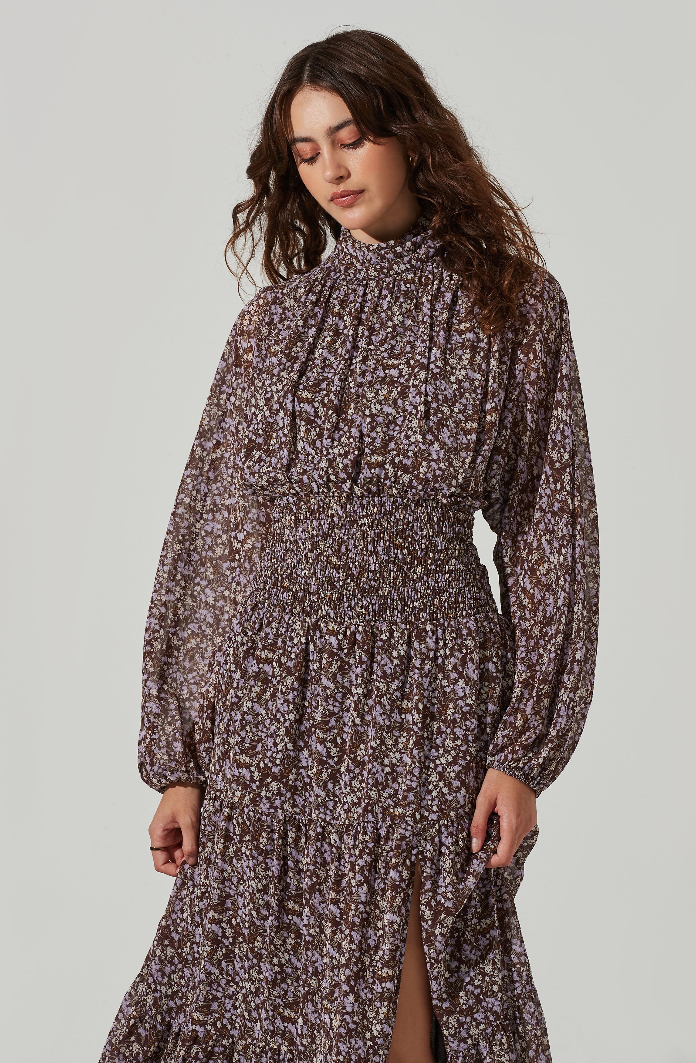 Floral Mock Neck Smocked Waist Maxi Dress-Aljck