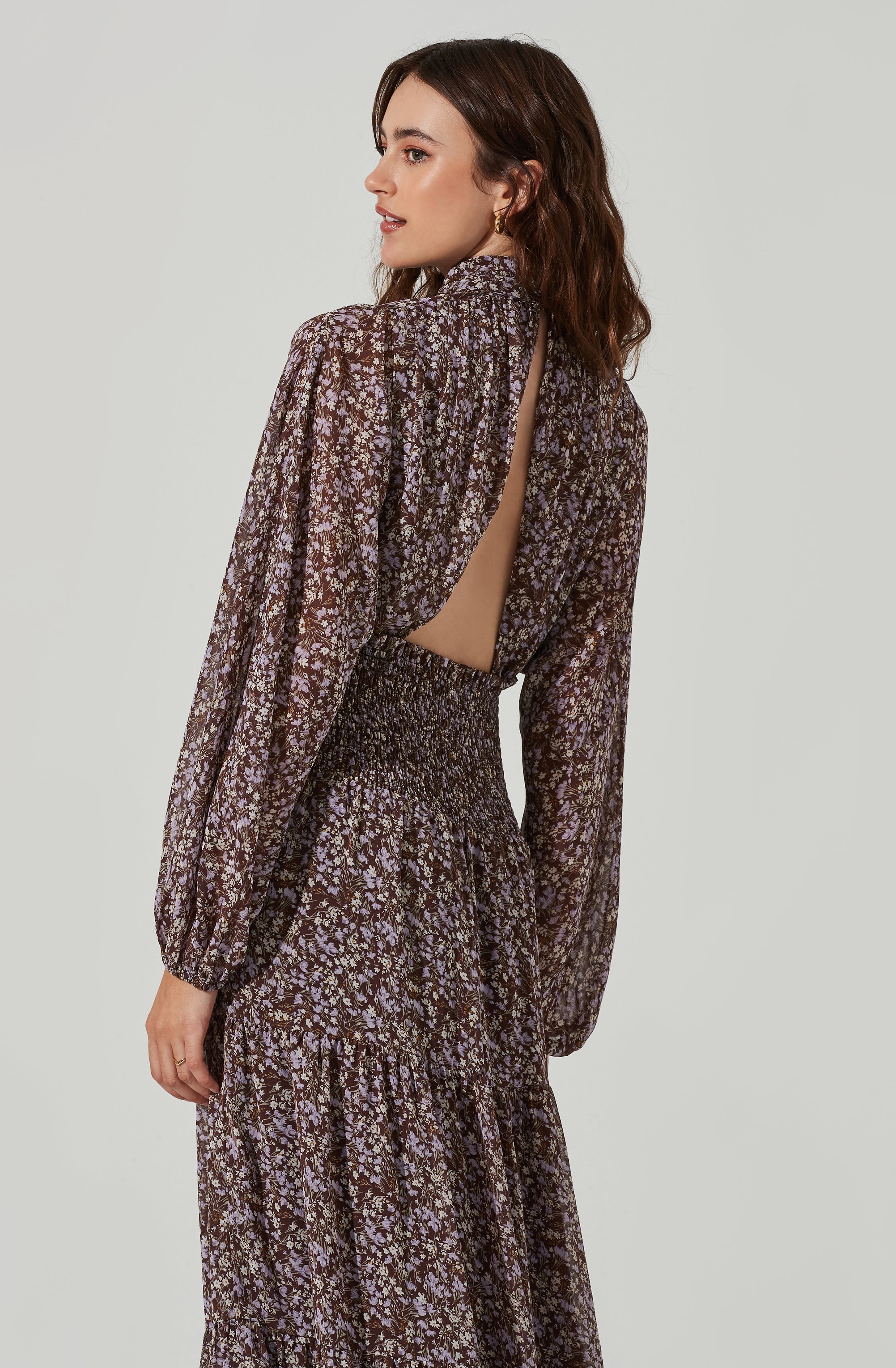 Floral Mock Neck Smocked Waist Maxi Dress-Aljck