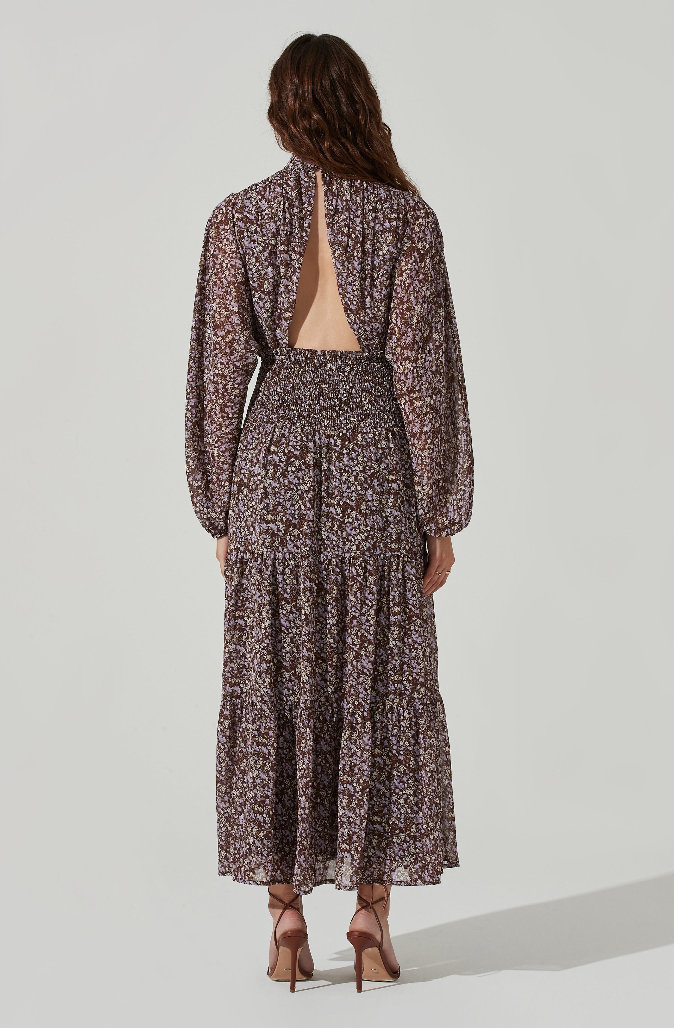 Floral Mock Neck Smocked Waist Maxi Dress-Aljck