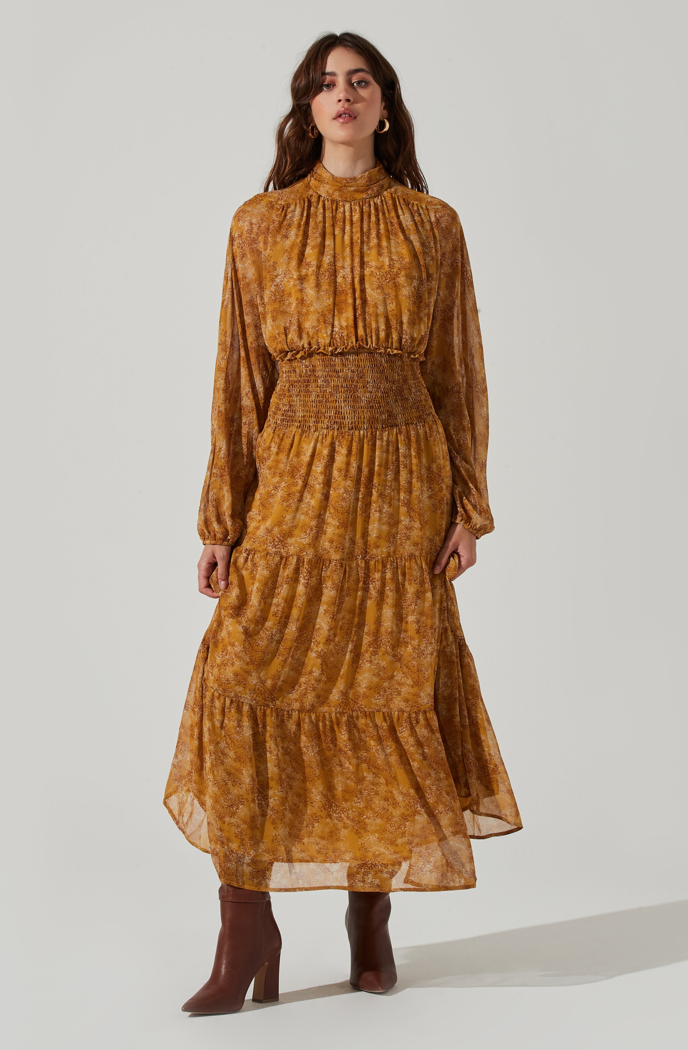 Floral Mock Neck Smocked Waist Maxi Dress-Aljck