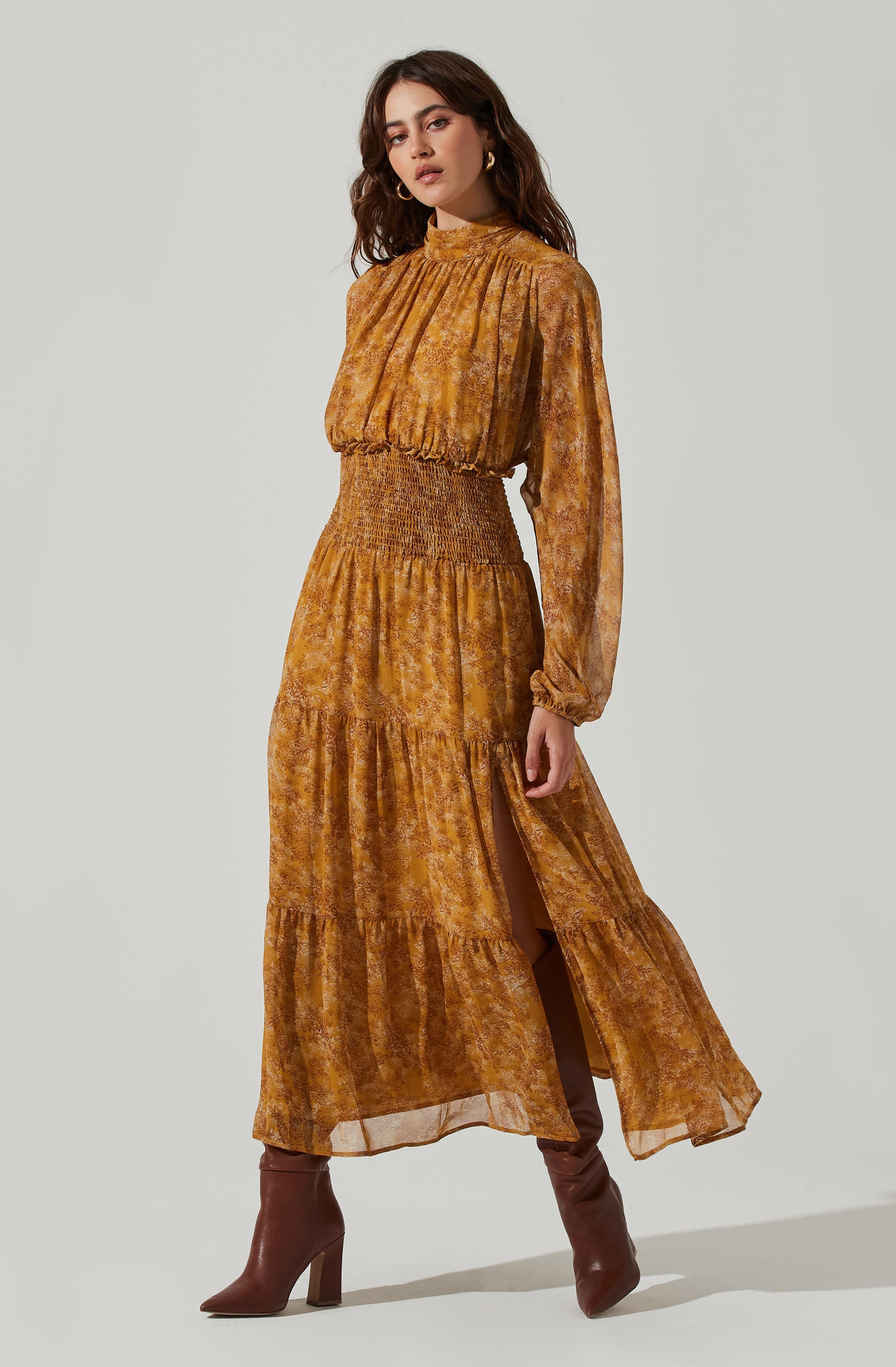 Floral Mock Neck Smocked Waist Maxi Dress-Aljck