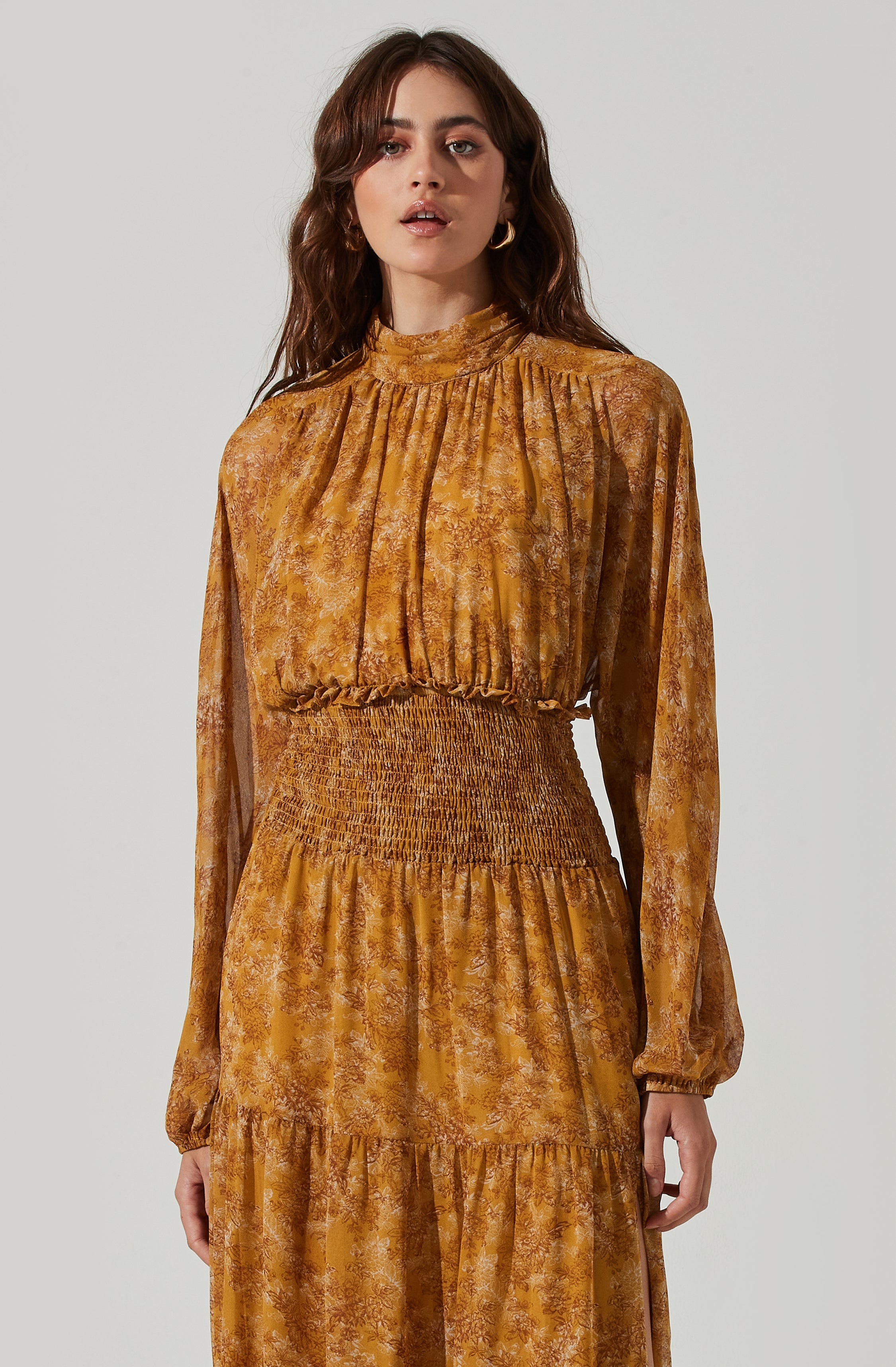 Floral Mock Neck Smocked Waist Maxi Dress-Aljck