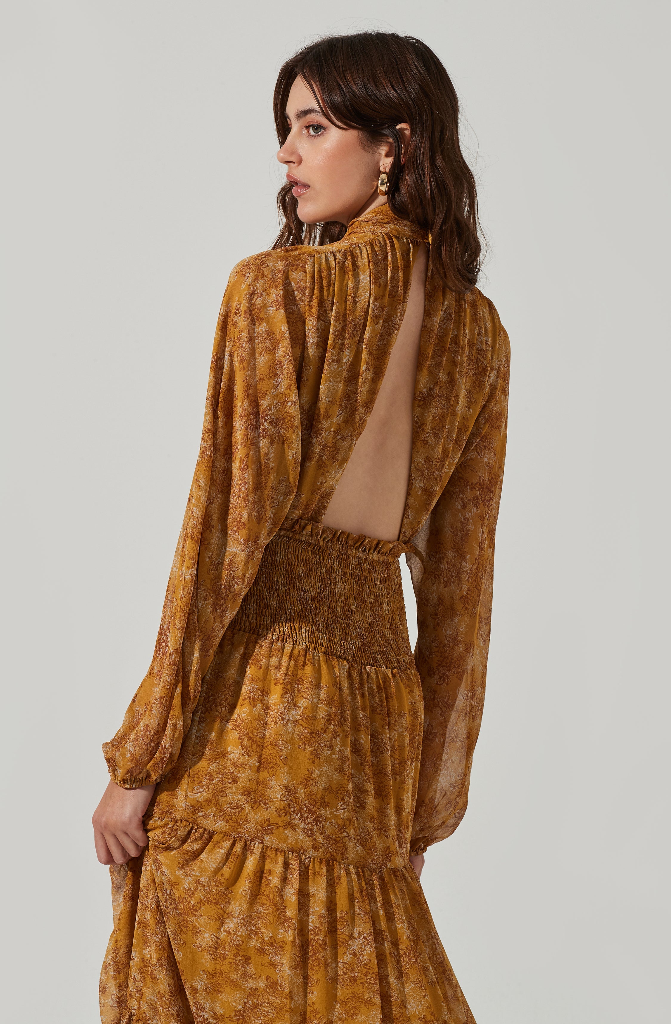 Floral Mock Neck Smocked Waist Maxi Dress-Aljck