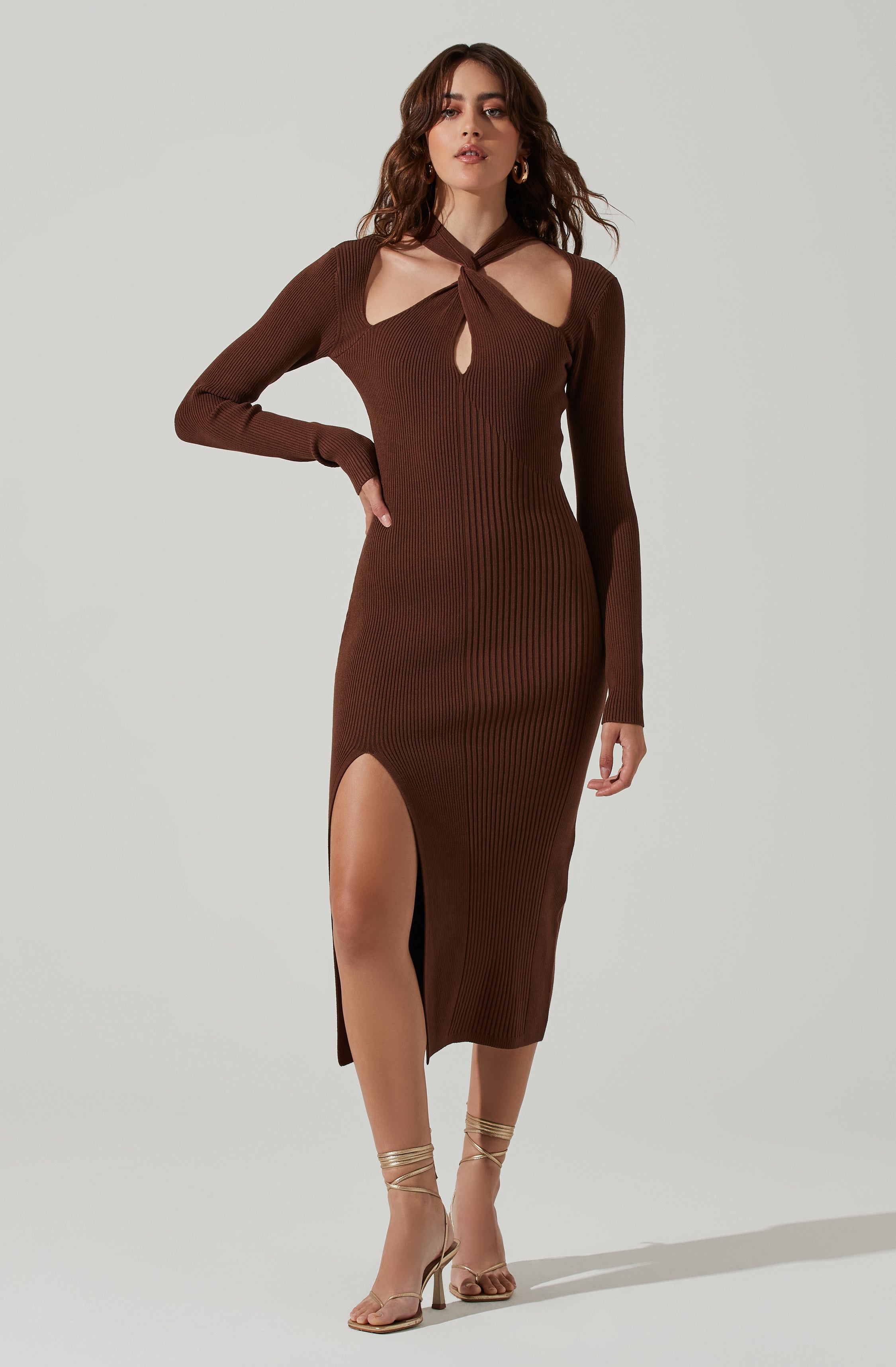 Mock Twist Neck Sweater Midi Dress-Aljck