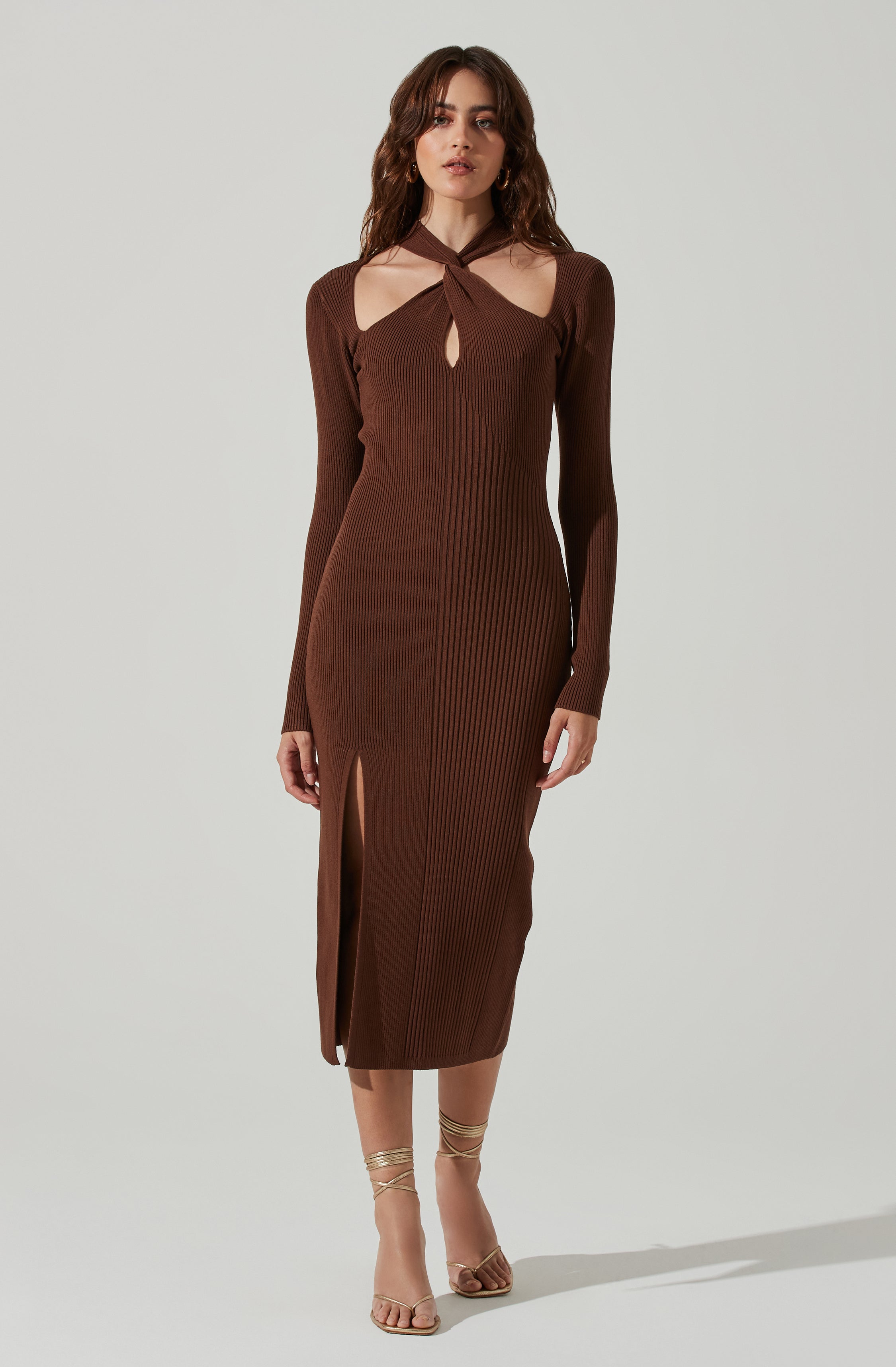Mock Twist Neck Sweater Midi Dress-Aljck
