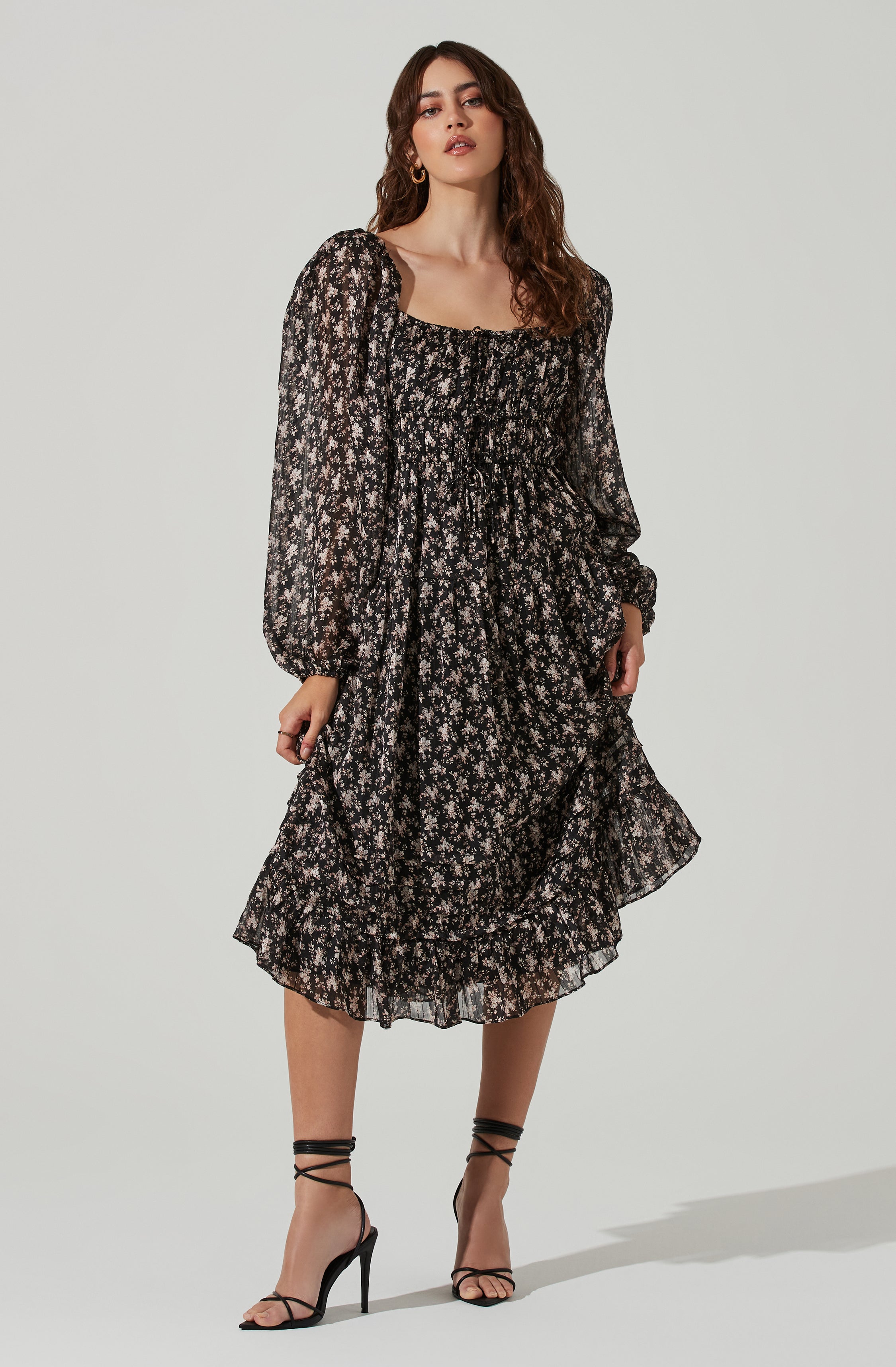 Floral Ruched Bust Long Sleeve Midi Dress-Aljck