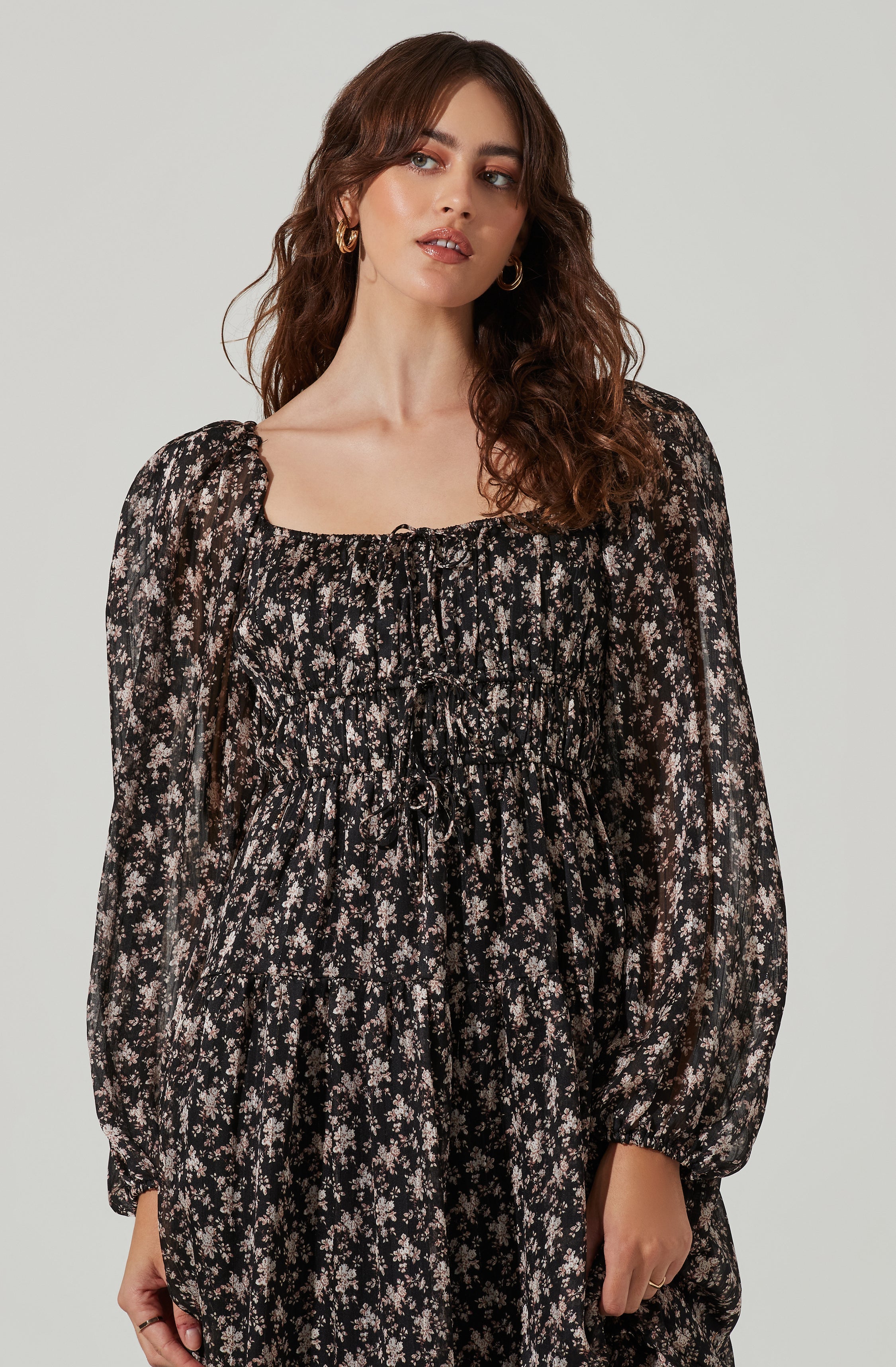 Floral Ruched Bust Long Sleeve Midi Dress-Aljck