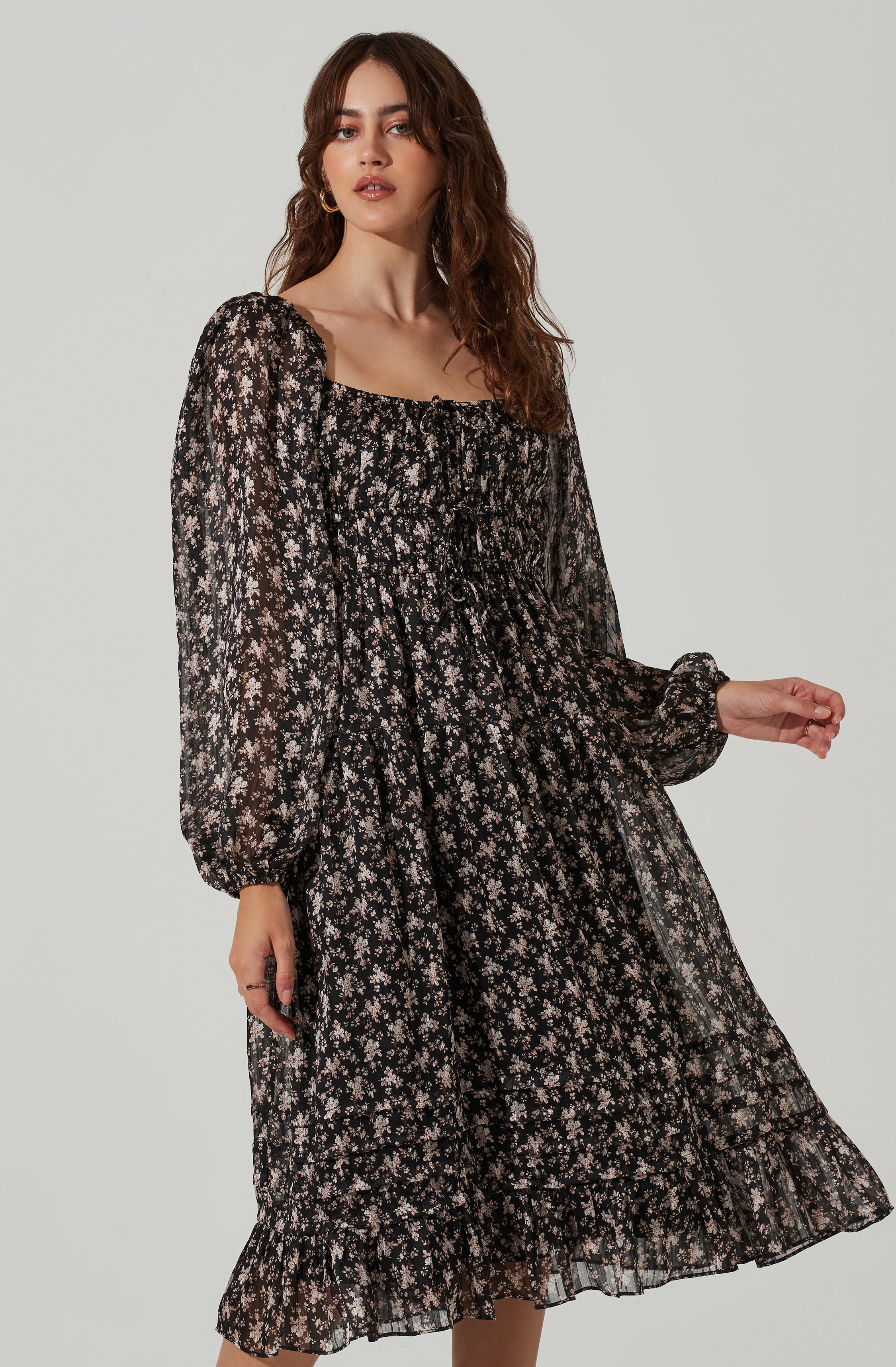 Floral Ruched Bust Long Sleeve Midi Dress-Aljck