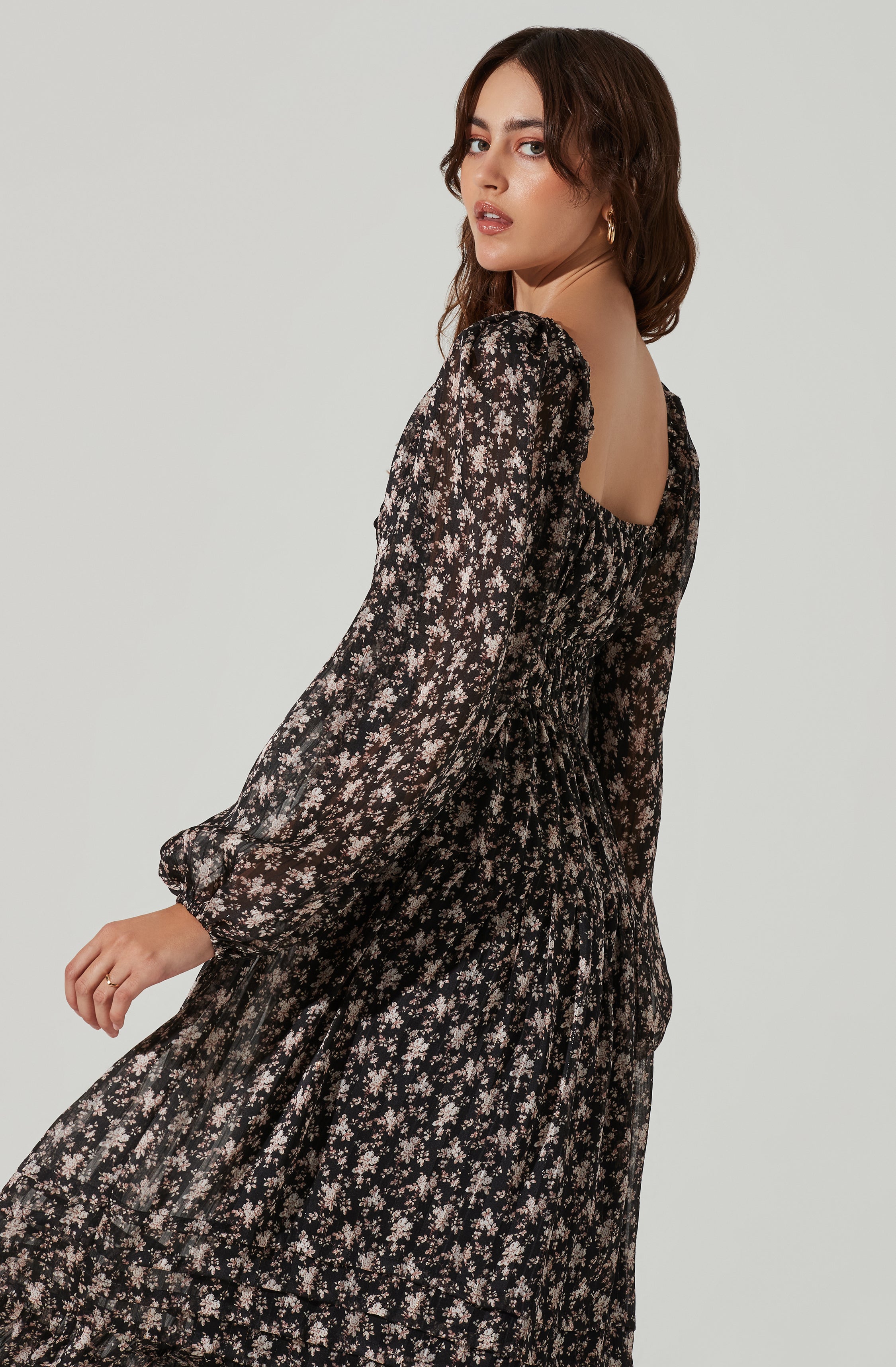 Floral Ruched Bust Long Sleeve Midi Dress-Aljck
