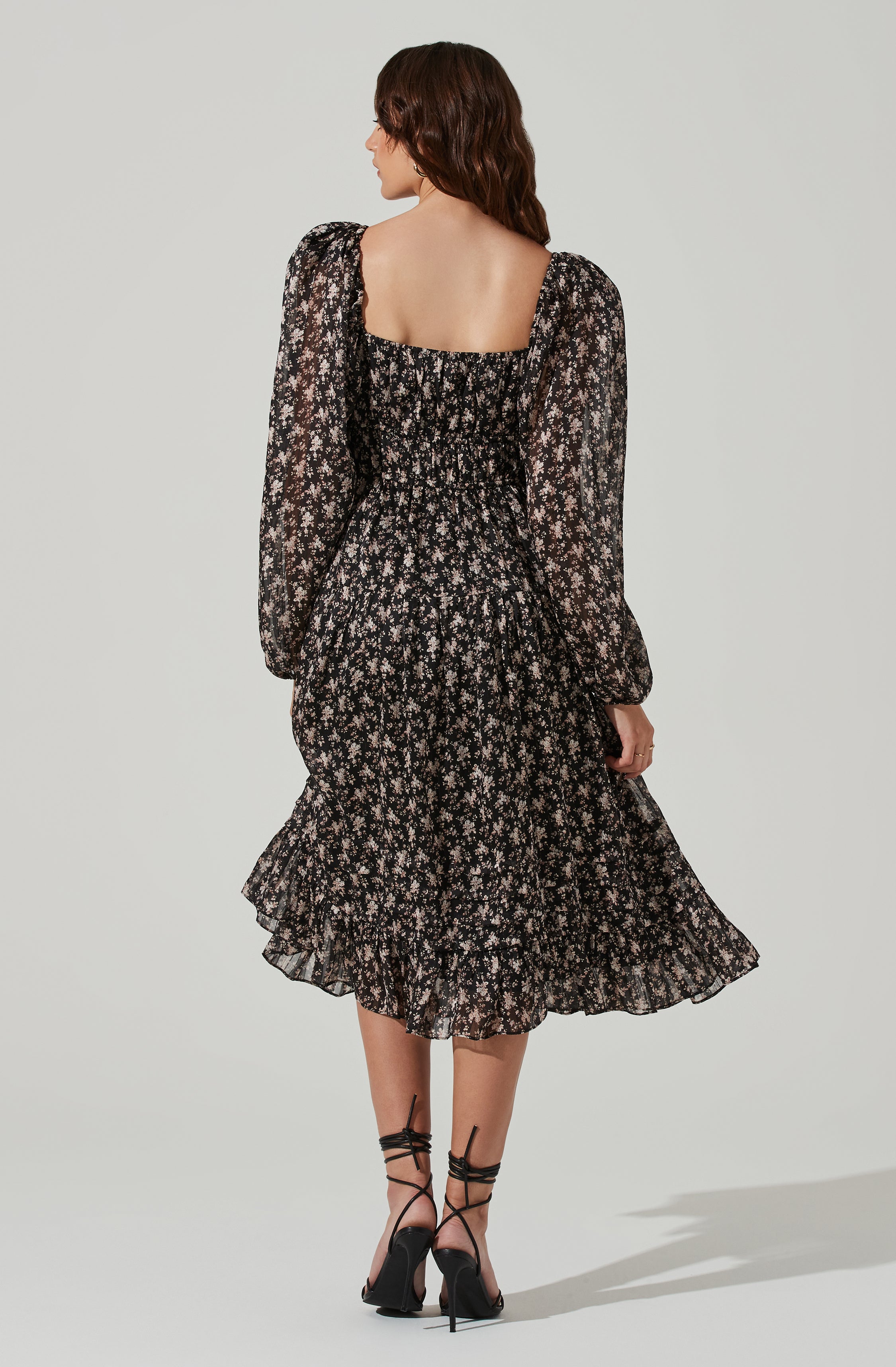 Floral Ruched Bust Long Sleeve Midi Dress-Aljck