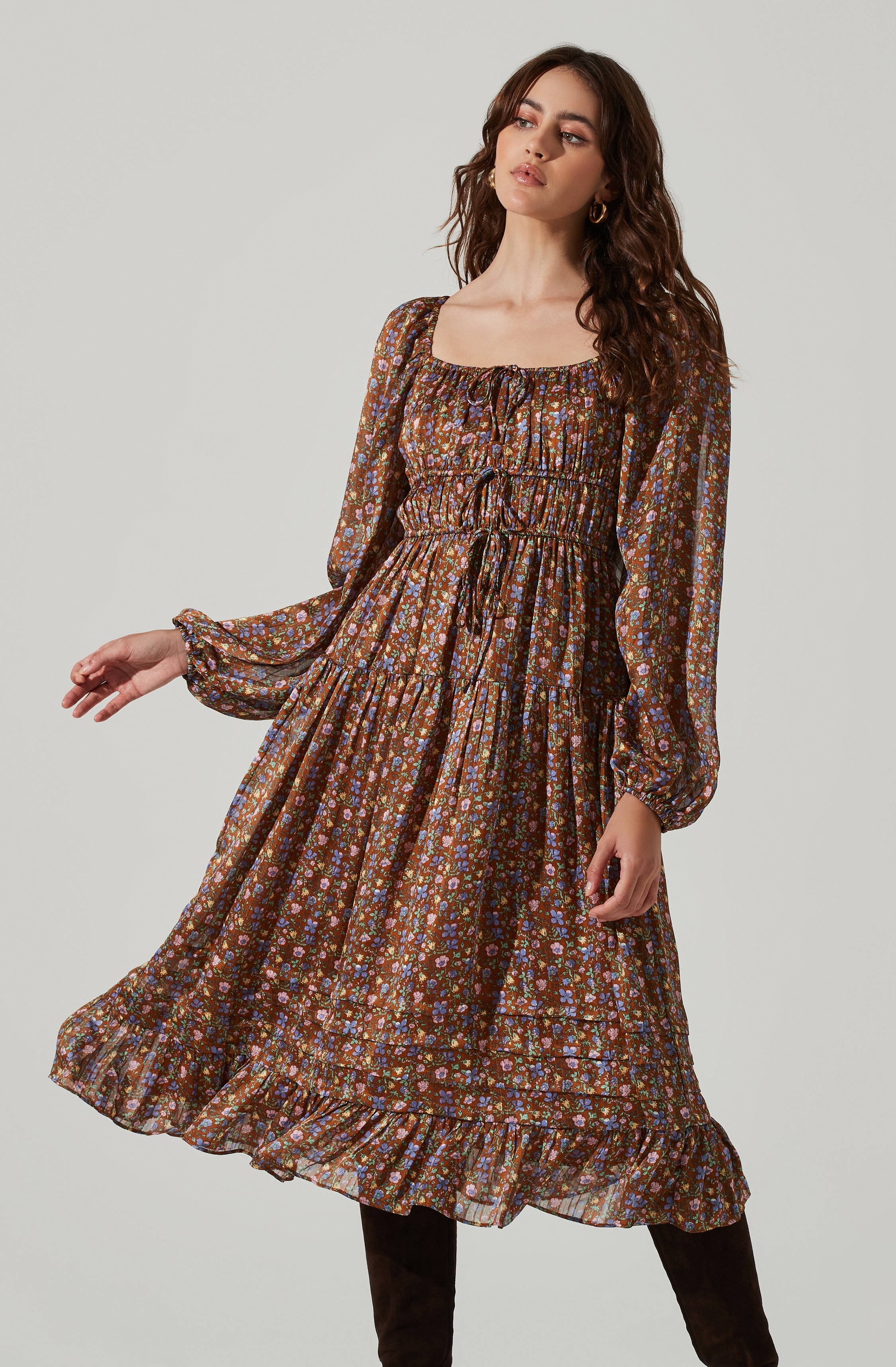 Floral Ruched Bust Long Sleeve Midi Dress-Aljck