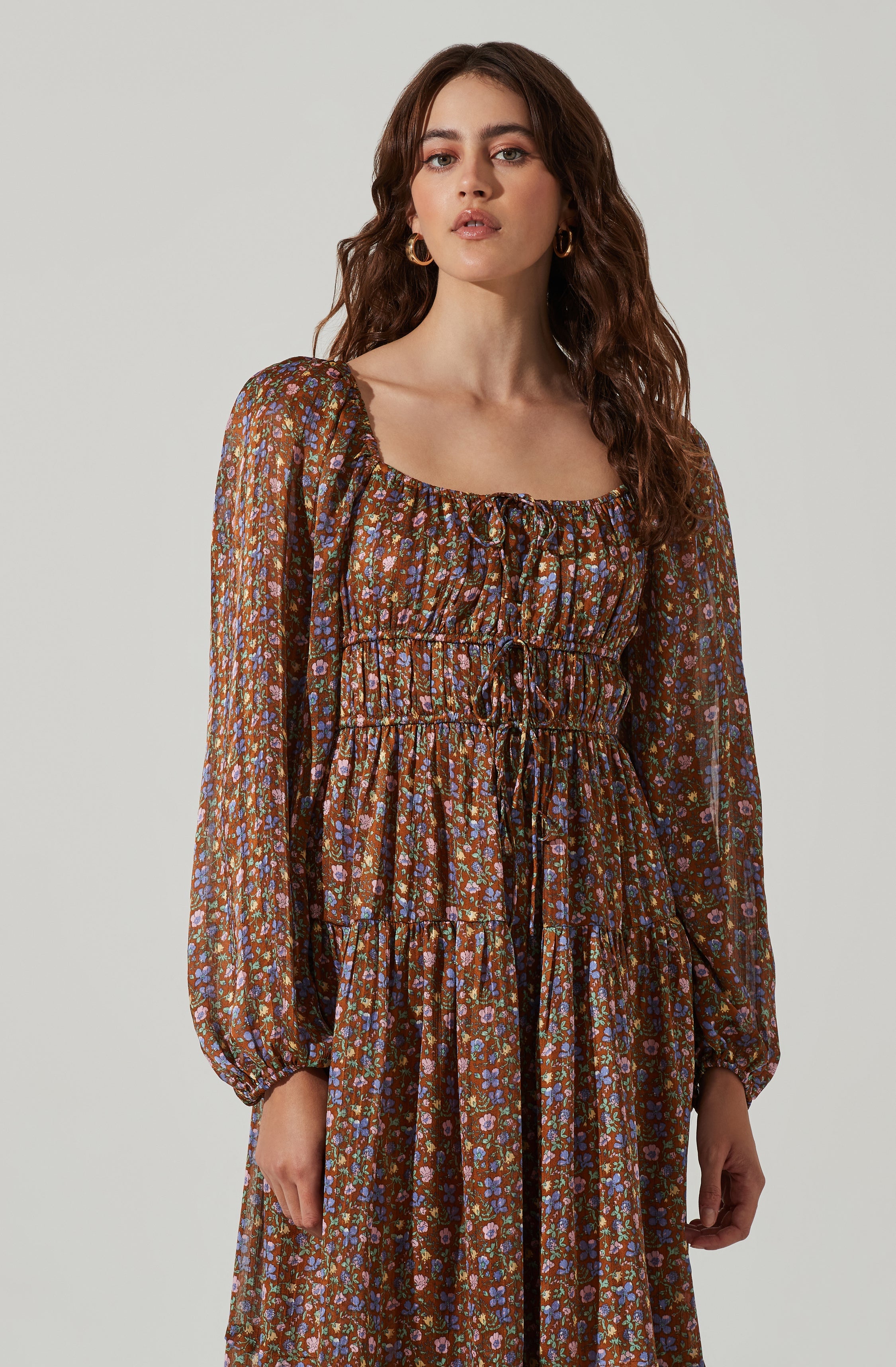 Floral Ruched Bust Long Sleeve Midi Dress-Aljck