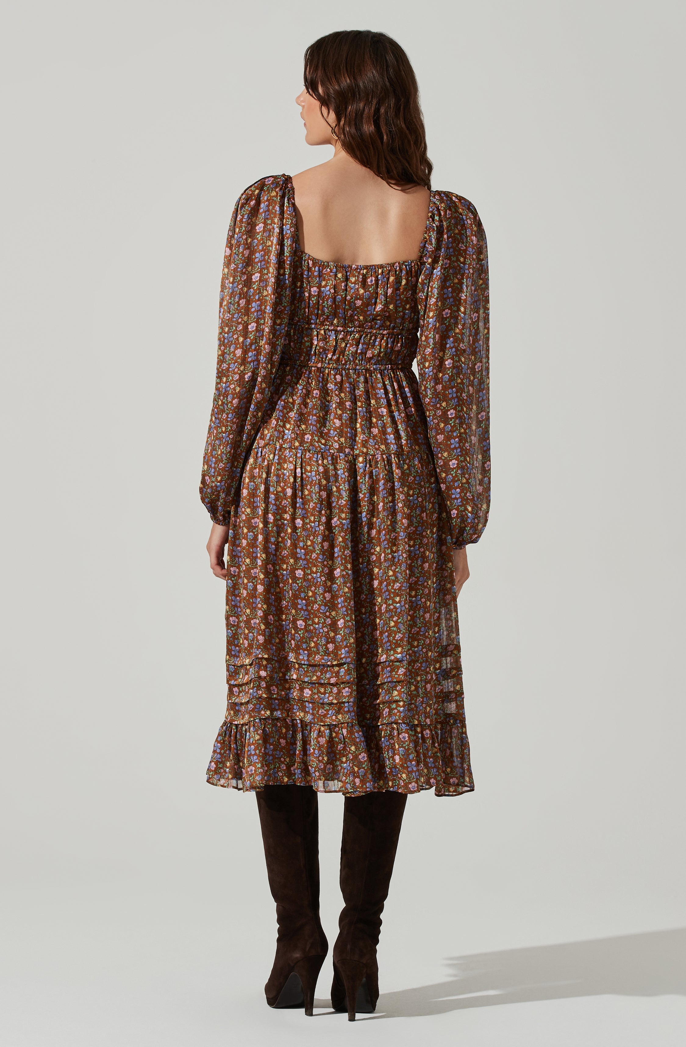 Floral Ruched Bust Long Sleeve Midi Dress-Aljck