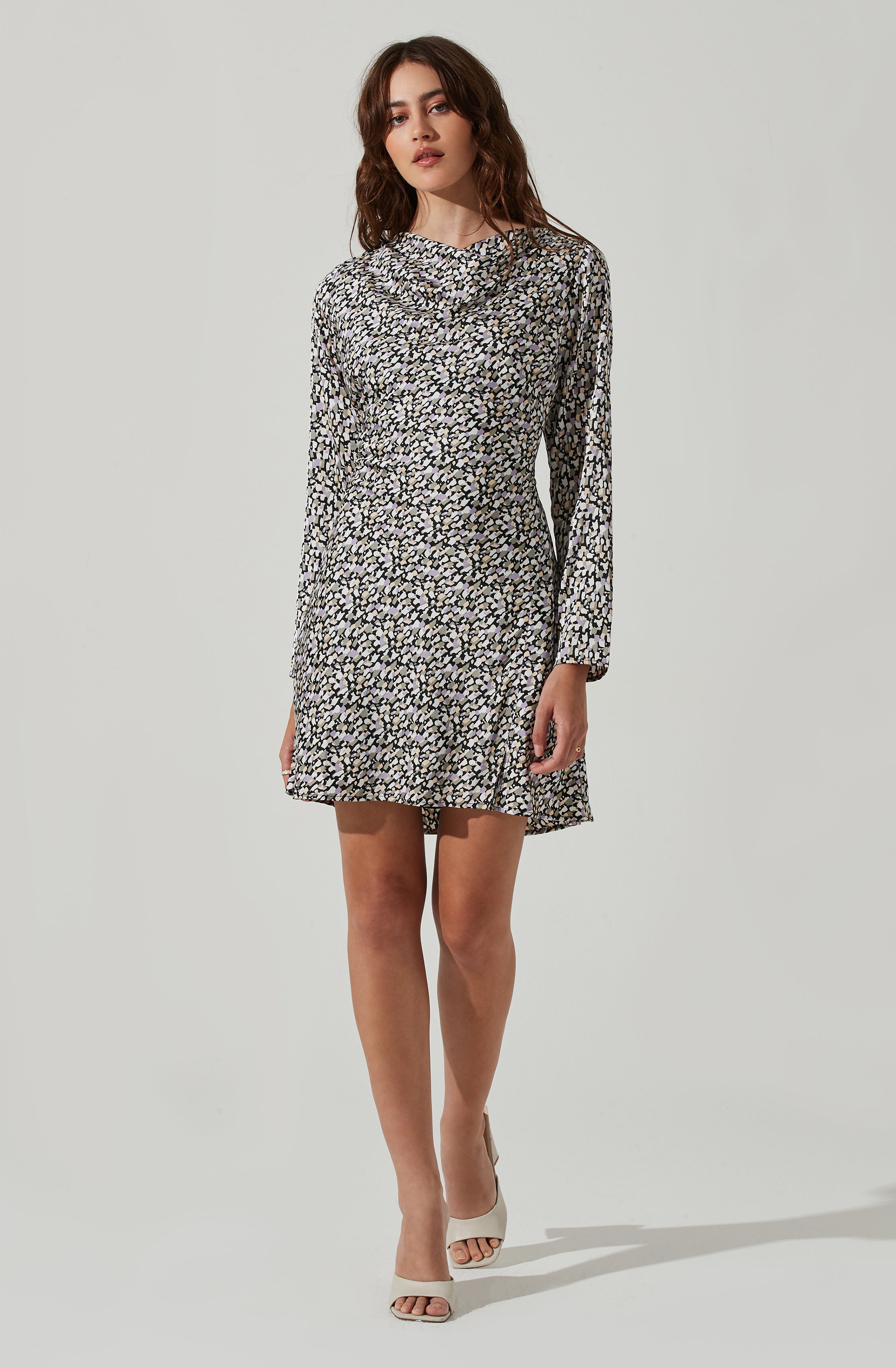 Cowl Neck Long Sleeve Mini Dress-Aljck