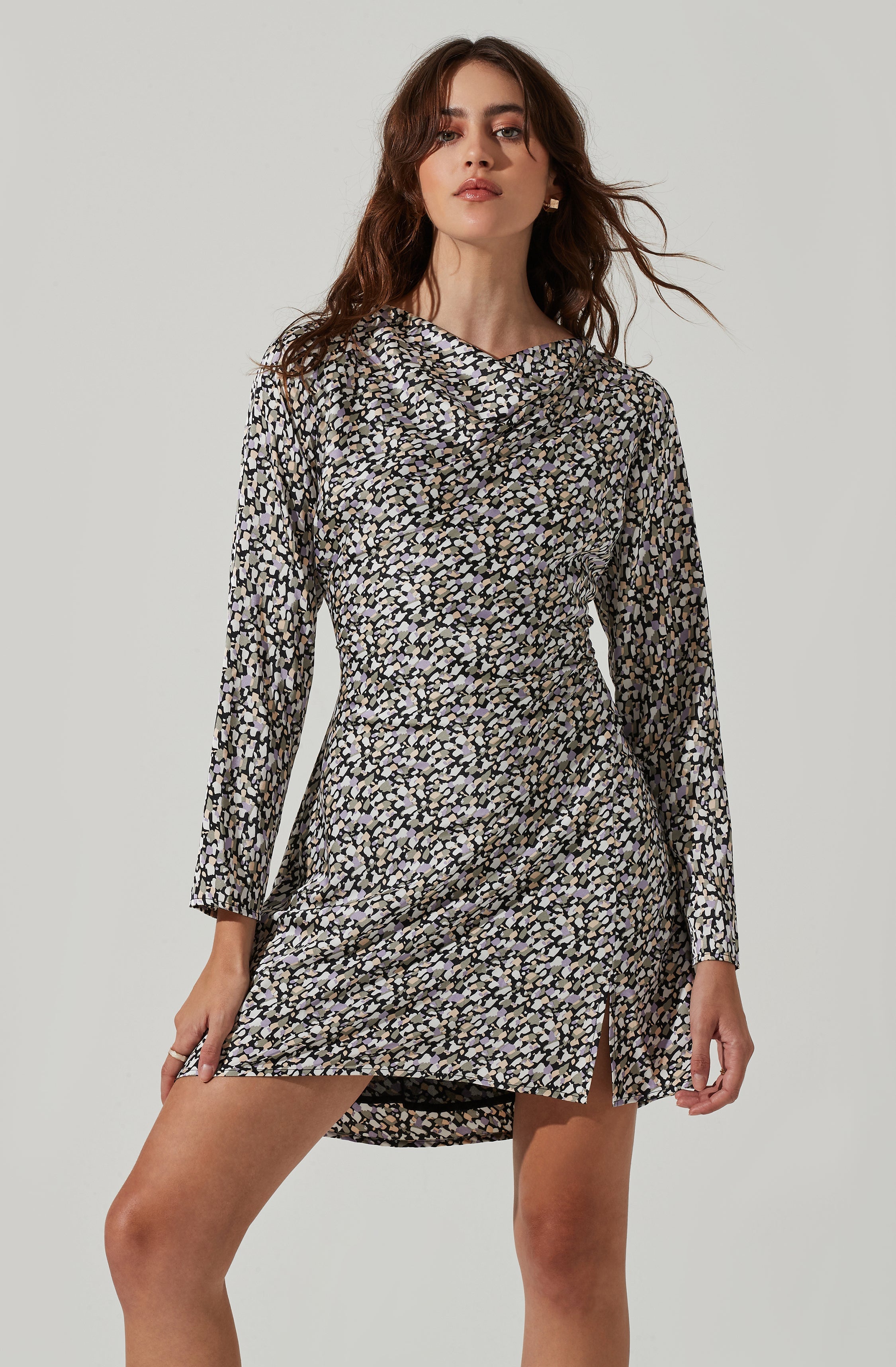 Cowl Neck Long Sleeve Mini Dress-Aljck