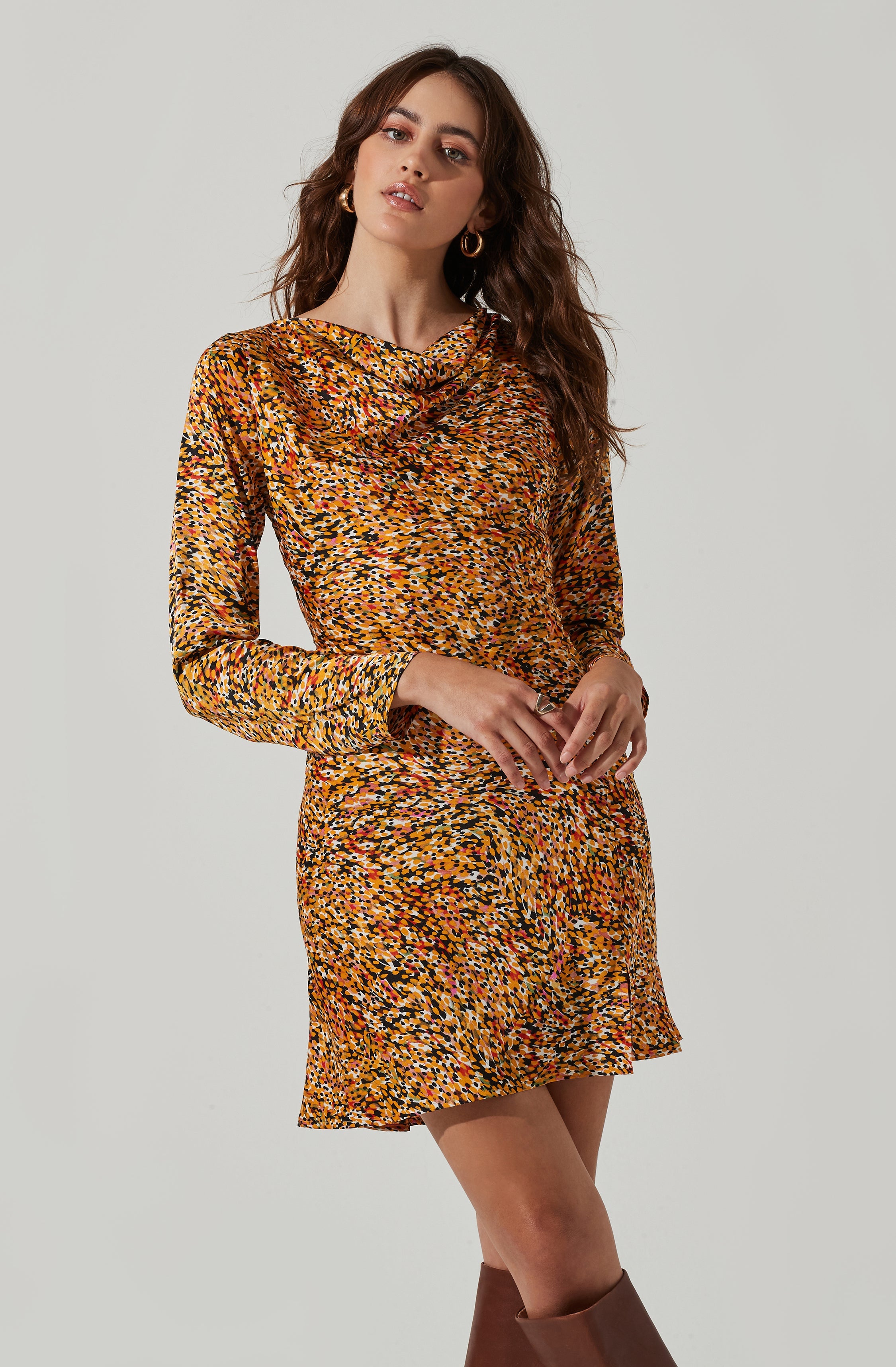 Cowl Neck Long Sleeve Mini Dress-Aljck