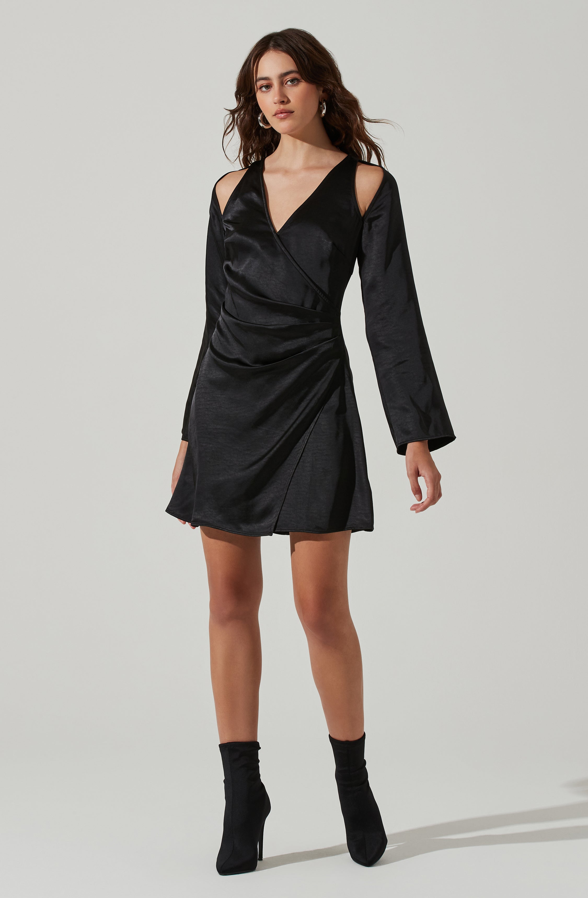 Shoulder Cutout Long Sleeve Satin Mini Dress-Aljck