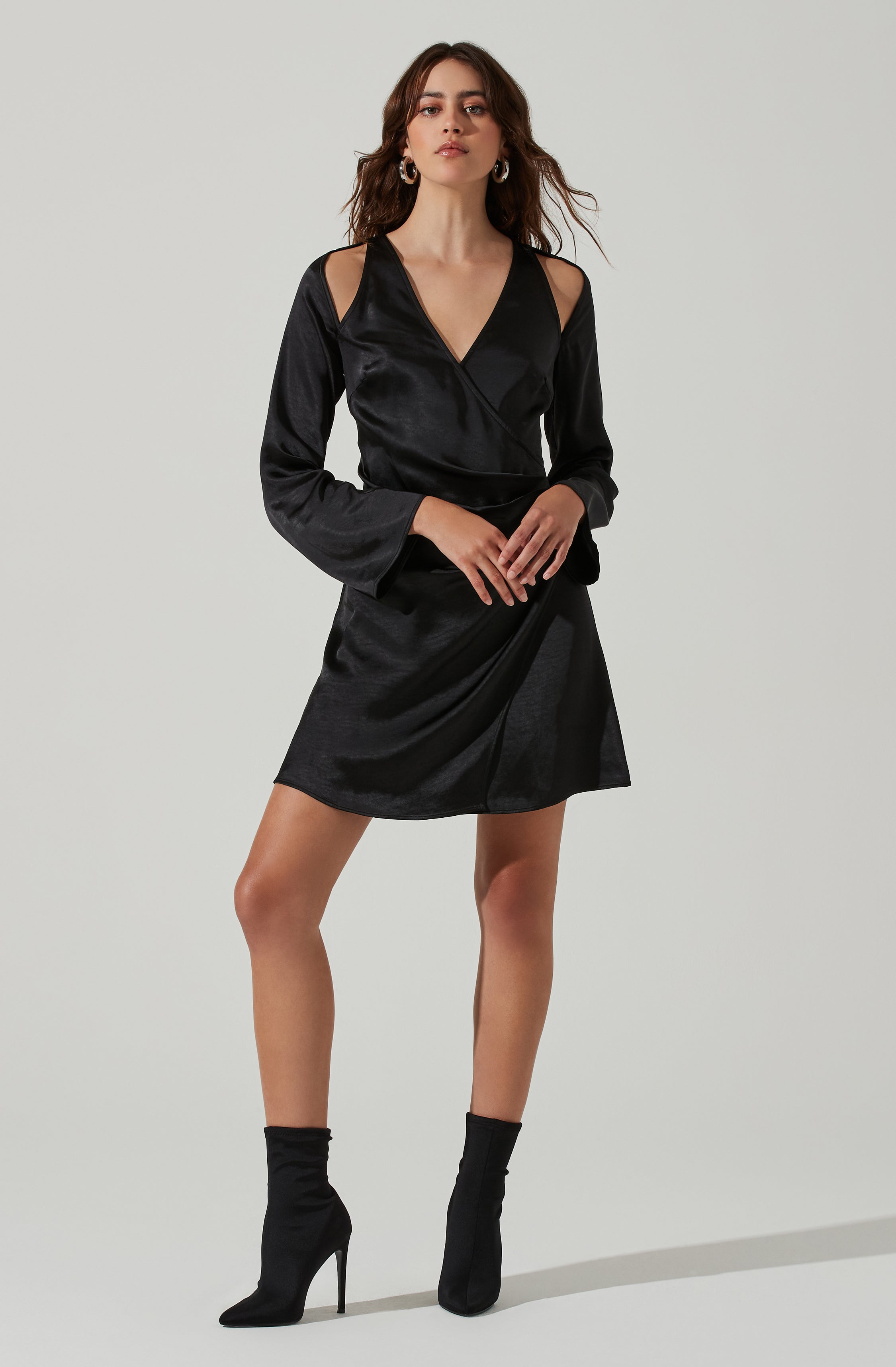 Shoulder Cutout Long Sleeve Satin Mini Dress-Aljck