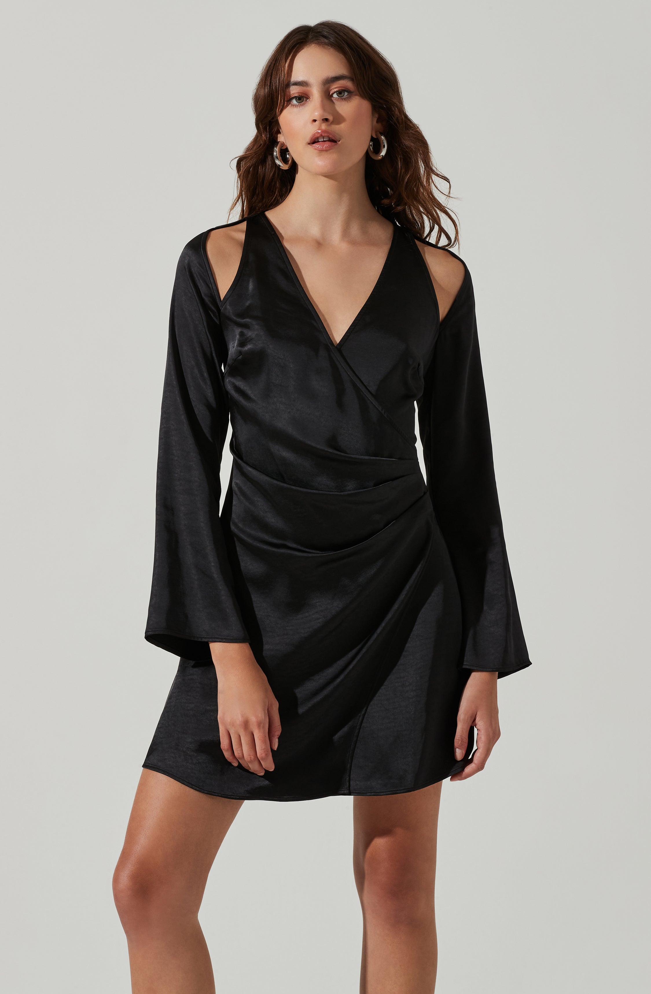 Shoulder Cutout Long Sleeve Satin Mini Dress-Aljck