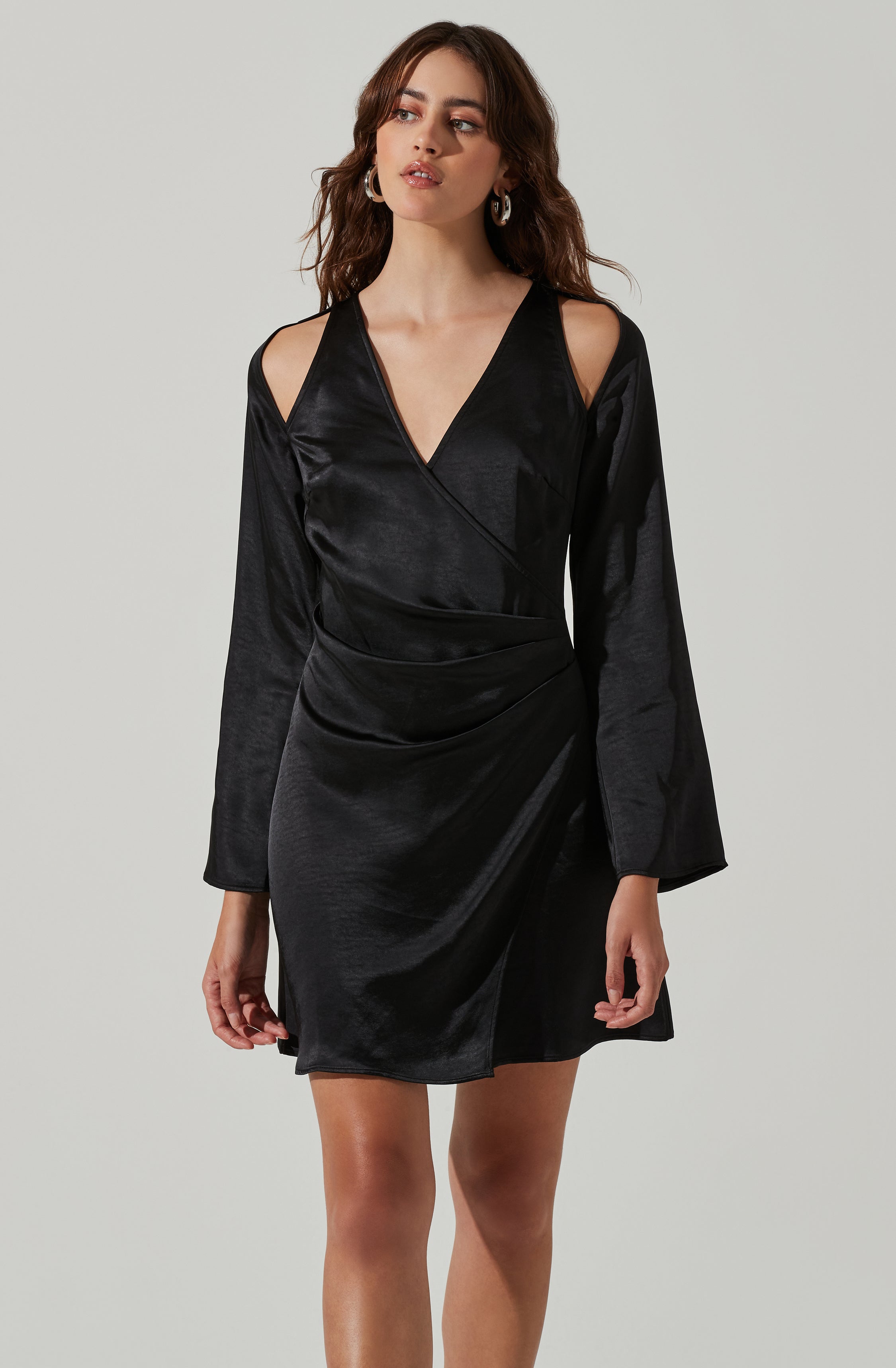 Shoulder Cutout Long Sleeve Satin Mini Dress-Aljck