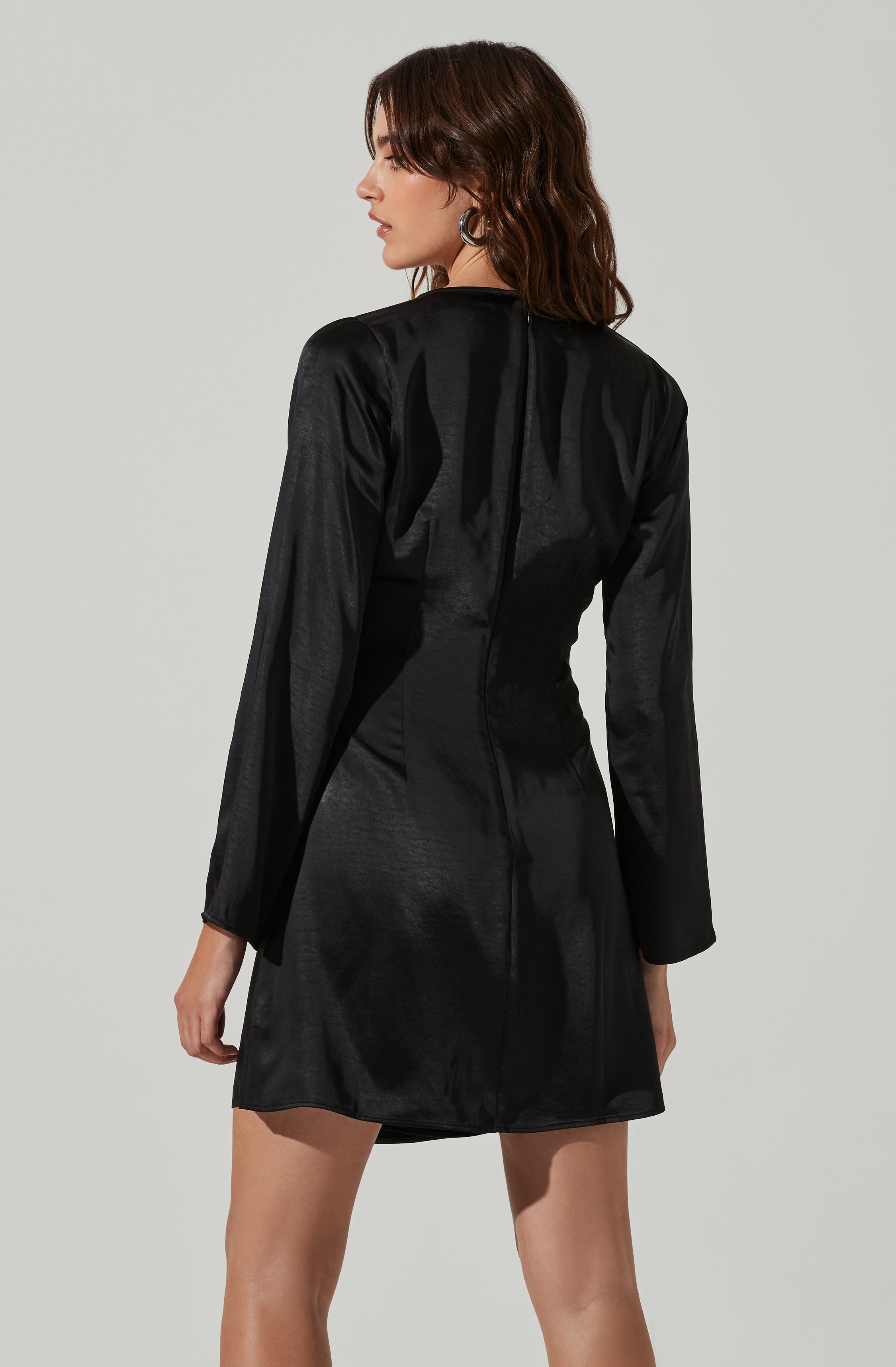 Shoulder Cutout Long Sleeve Satin Mini Dress-Aljck