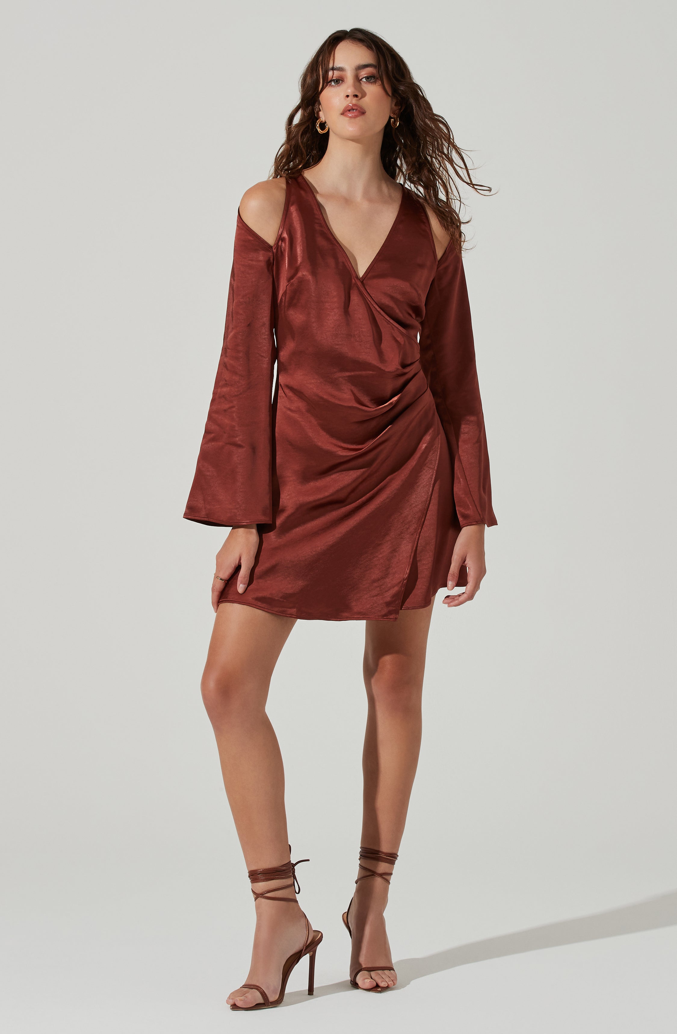 Shoulder Cutout Long Sleeve Satin Mini Dress-Aljck