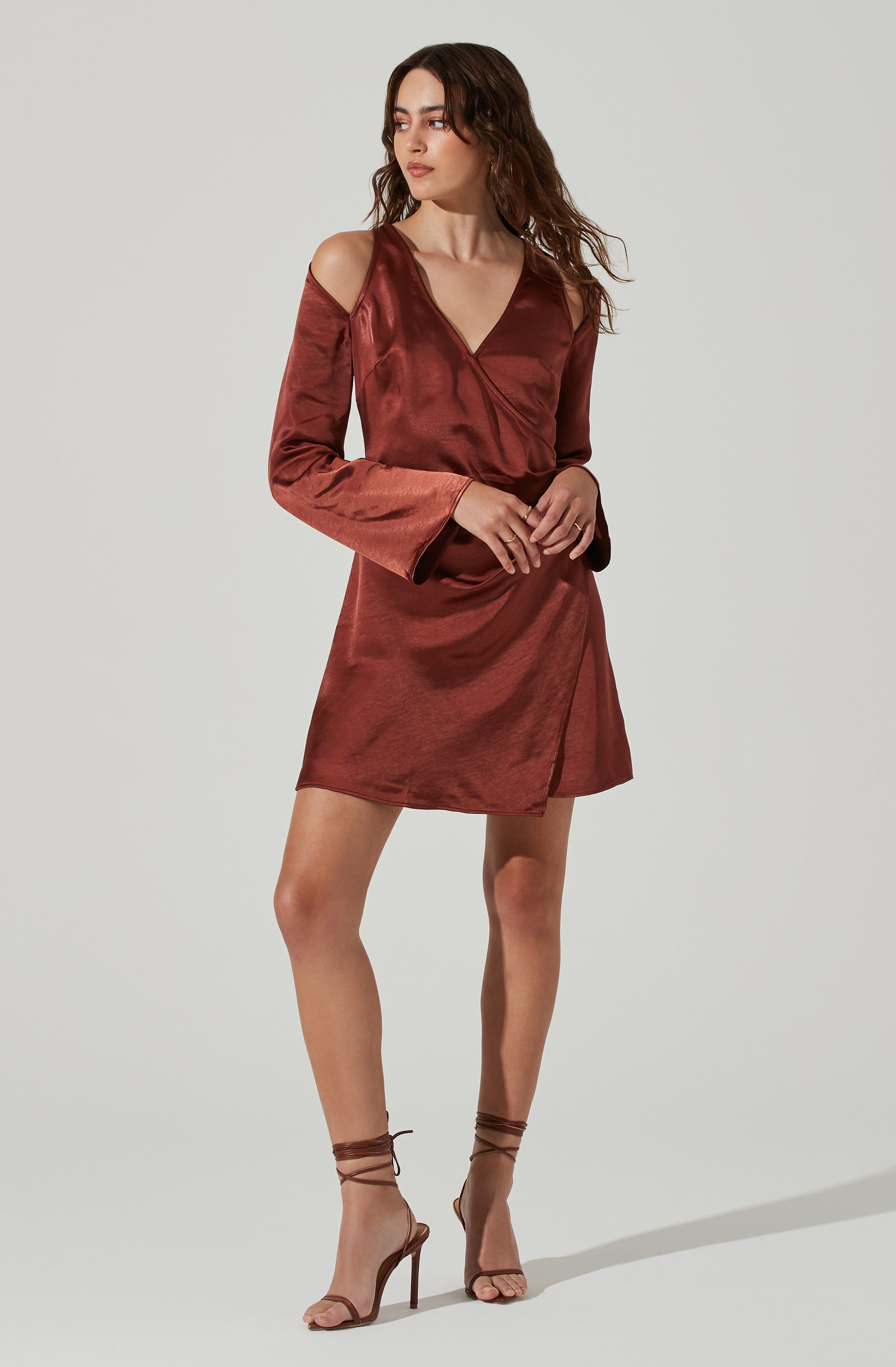 Shoulder Cutout Long Sleeve Satin Mini Dress-Aljck