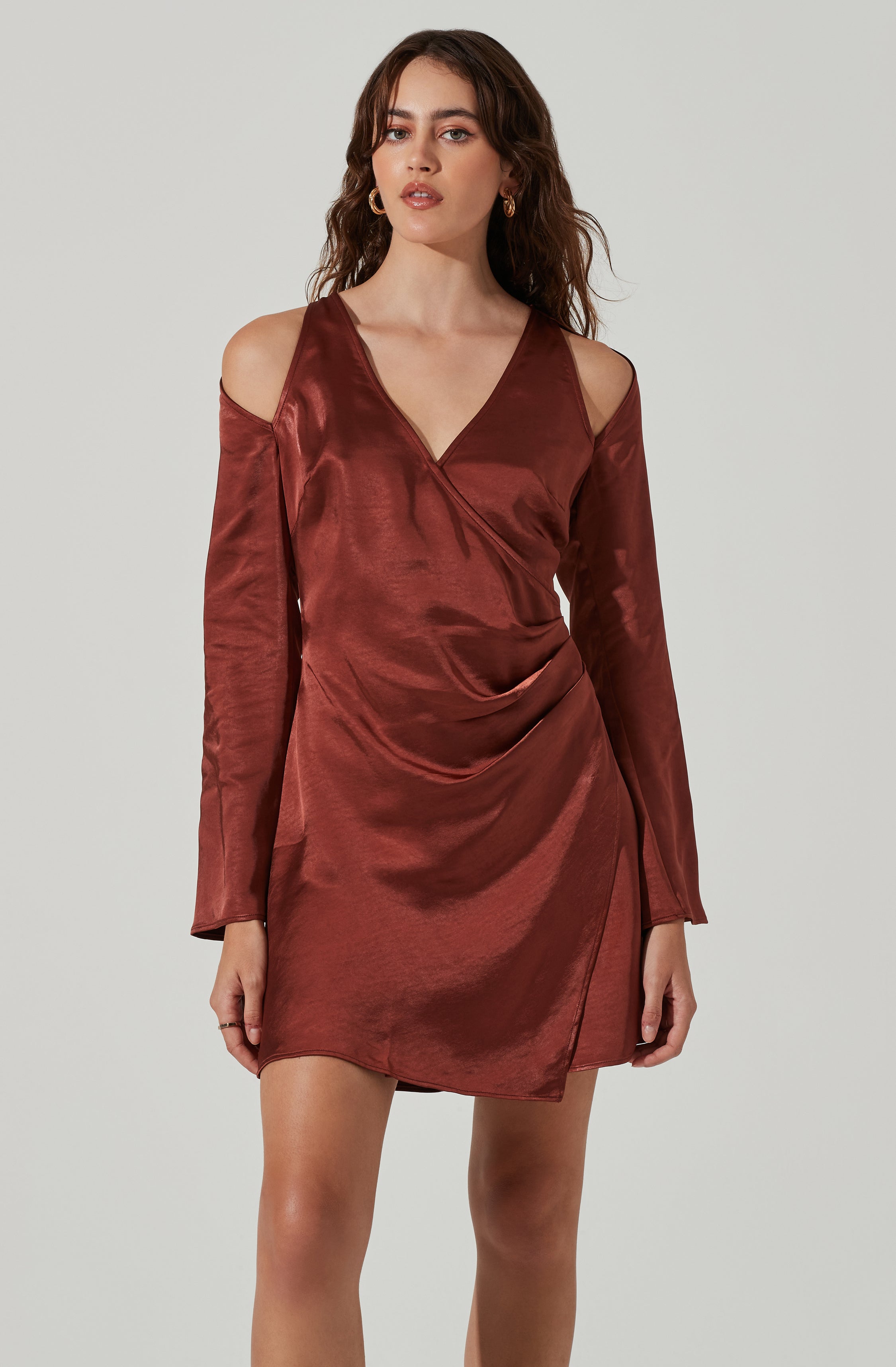 Shoulder Cutout Long Sleeve Satin Mini Dress-Aljck