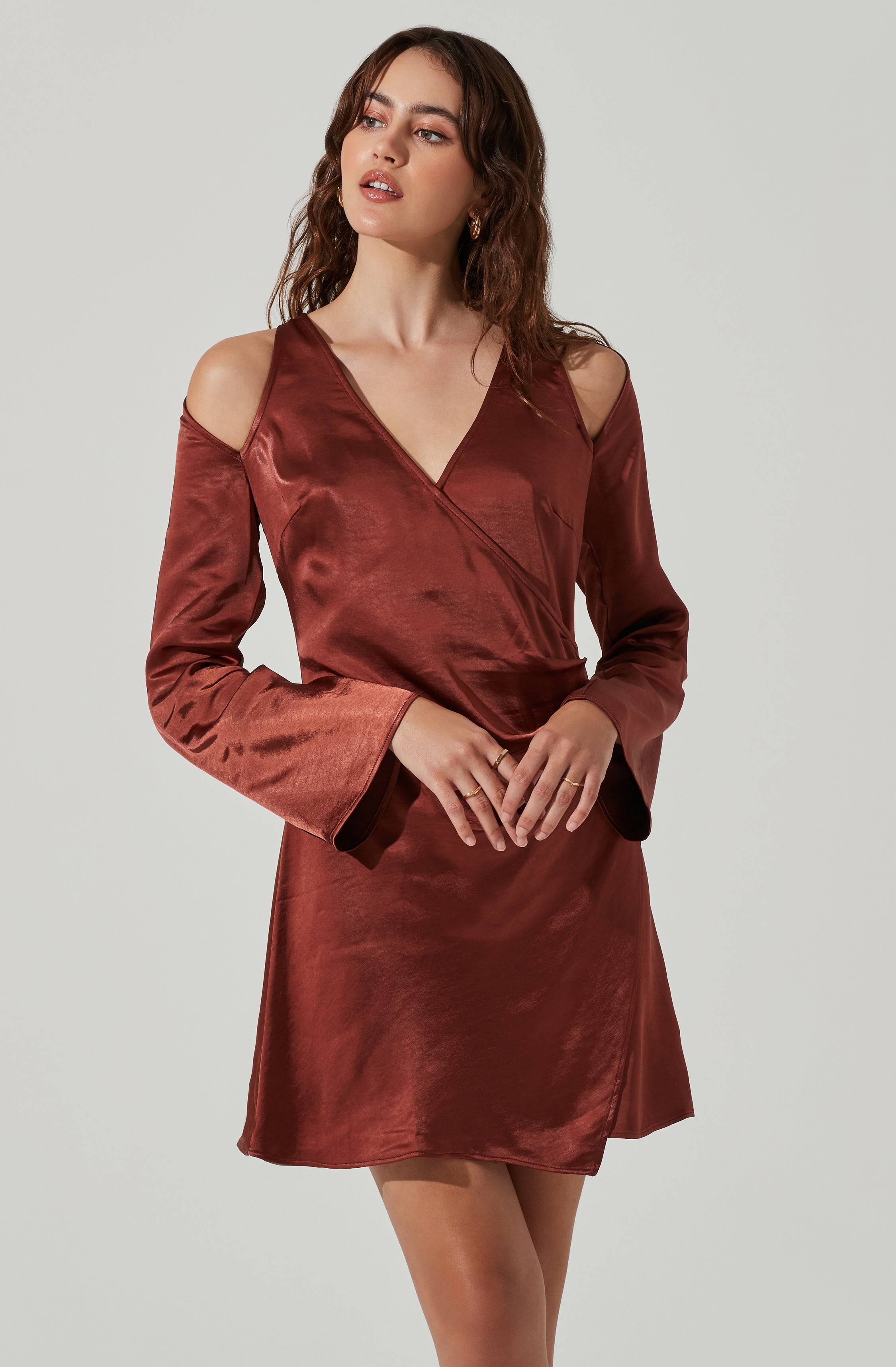 Shoulder Cutout Long Sleeve Satin Mini Dress-Aljck