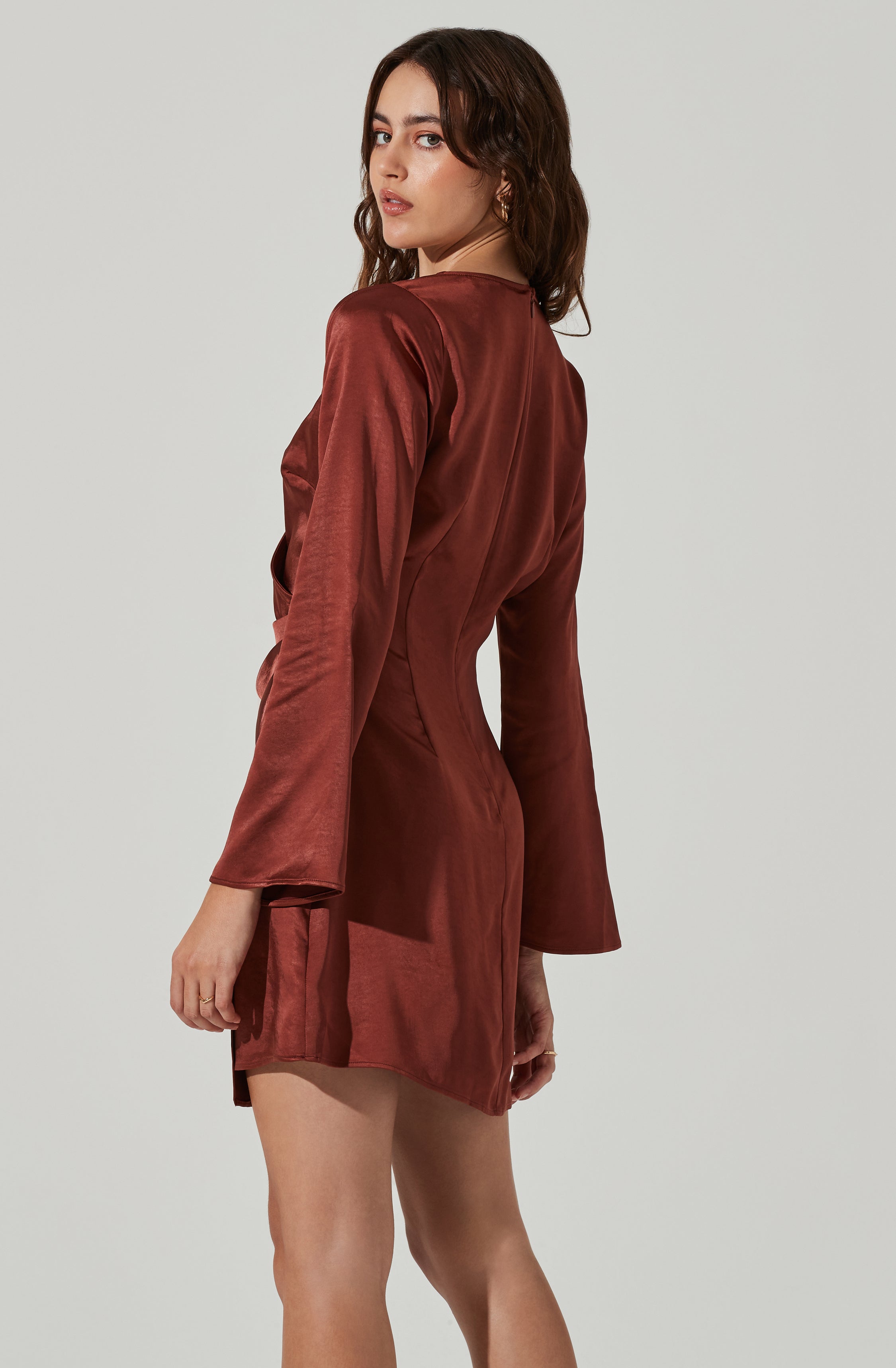 Shoulder Cutout Long Sleeve Satin Mini Dress-Aljck