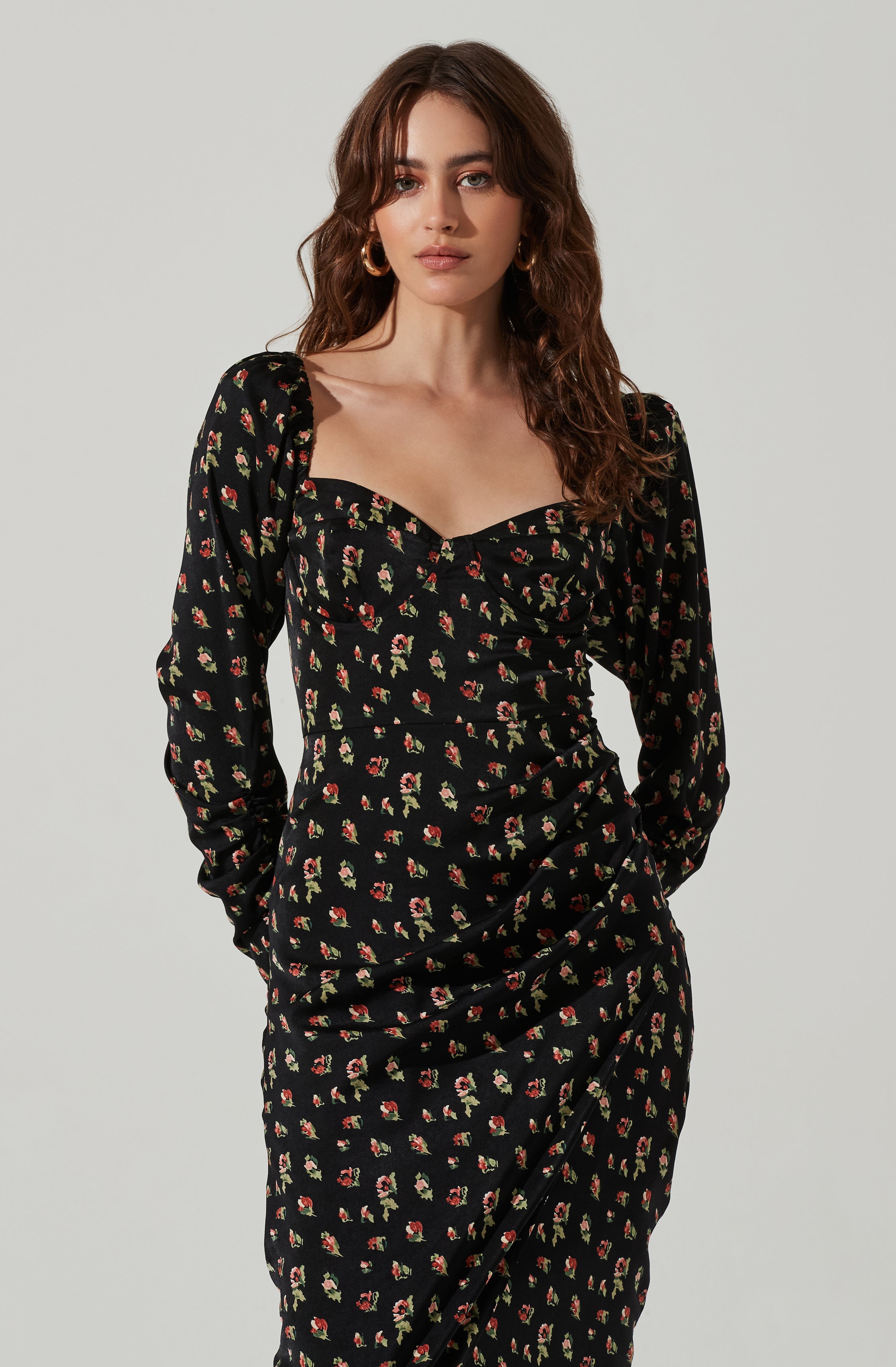 Floral Long Sleeve Milkmaid Satin Midi Dress-Aljck