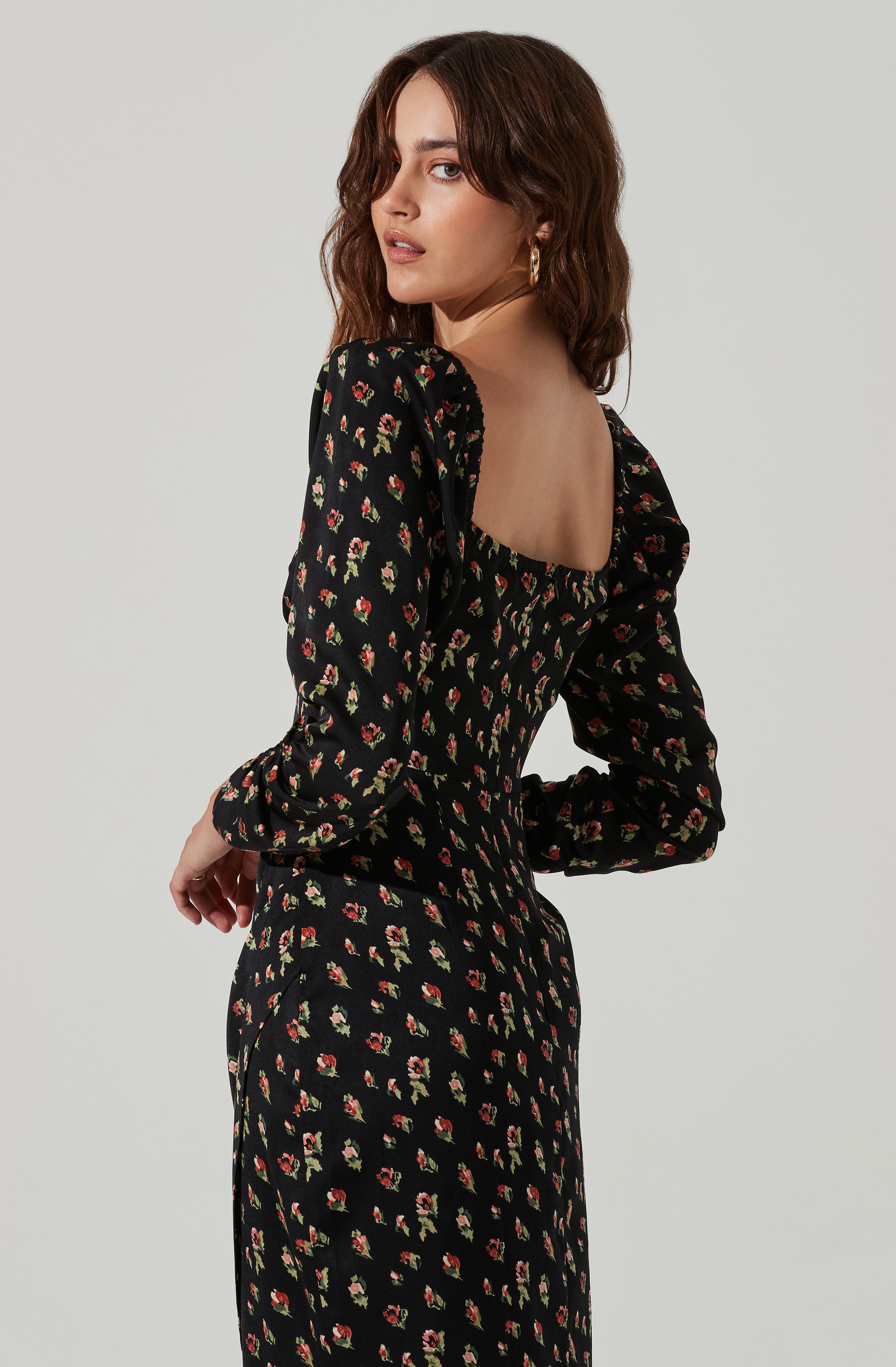 Floral Long Sleeve Milkmaid Satin Midi Dress-Aljck