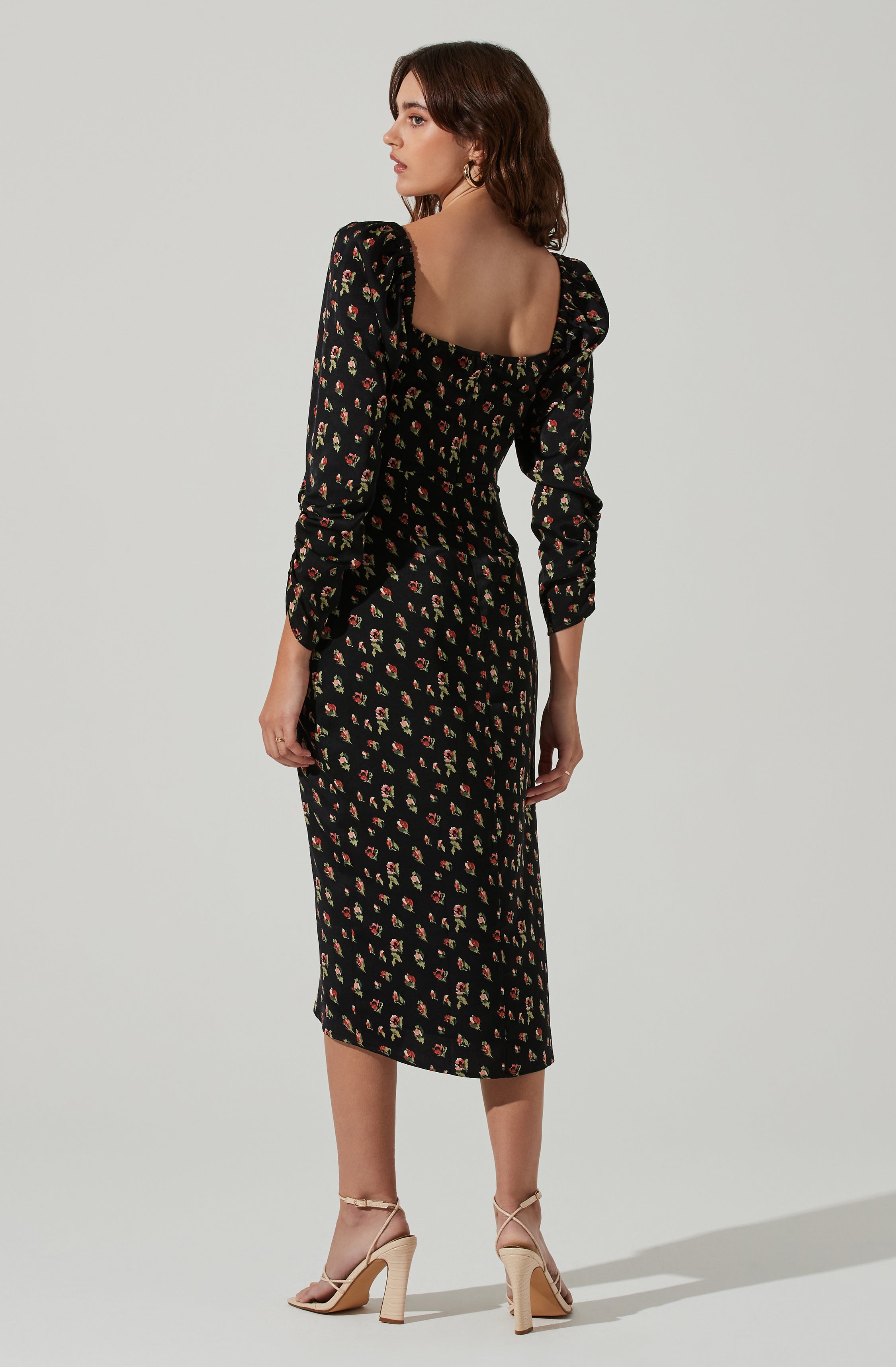 Floral Long Sleeve Milkmaid Satin Midi Dress-Aljck