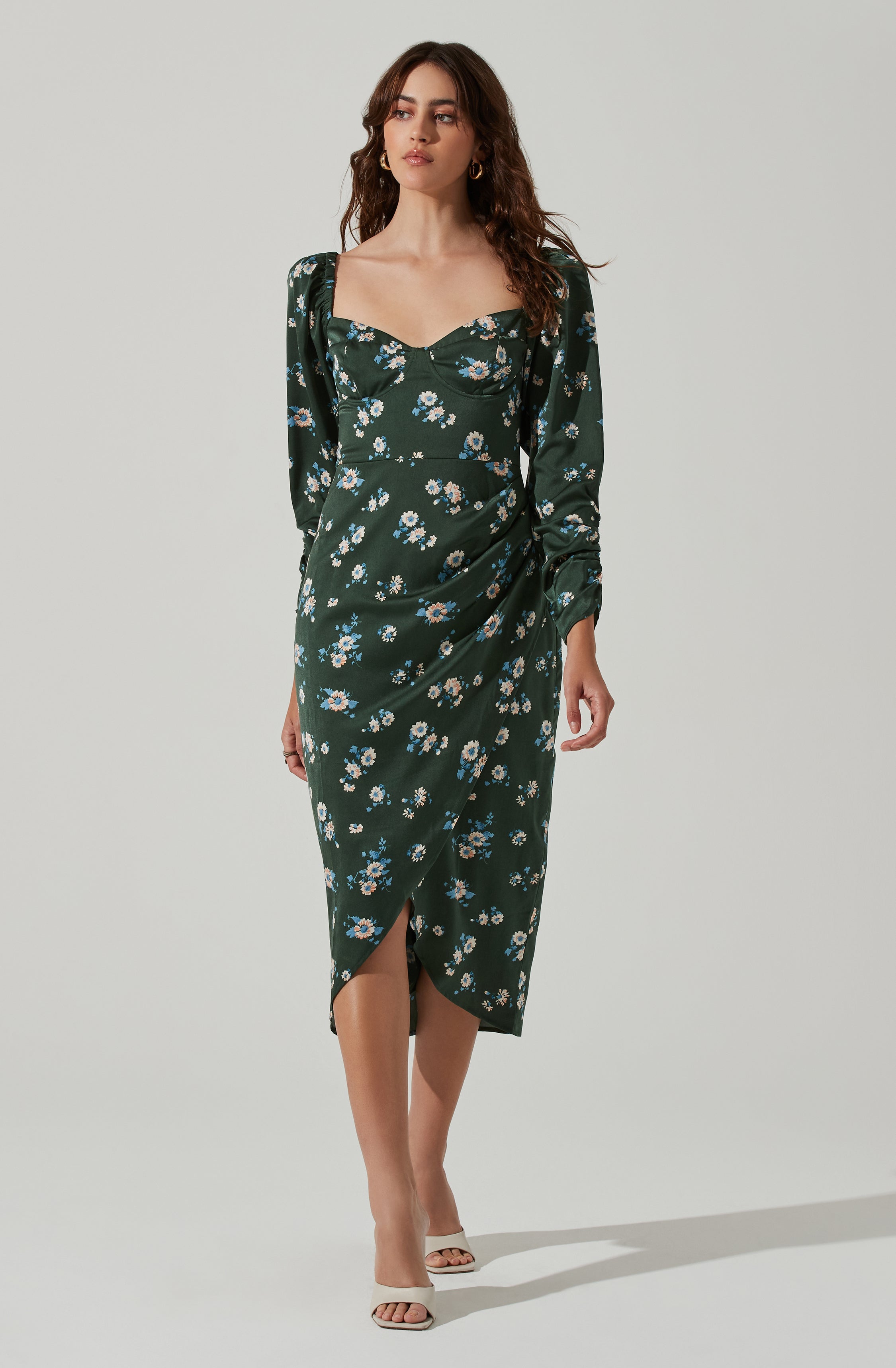 Floral Long Sleeve Milkmaid Satin Midi Dress-Aljck